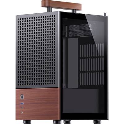 Malá, moderná počítačová skrinka so skleneným panelom, dreveným povrchom a rukoväťou. Má vetracie otvory a USB port v spodnej časti.