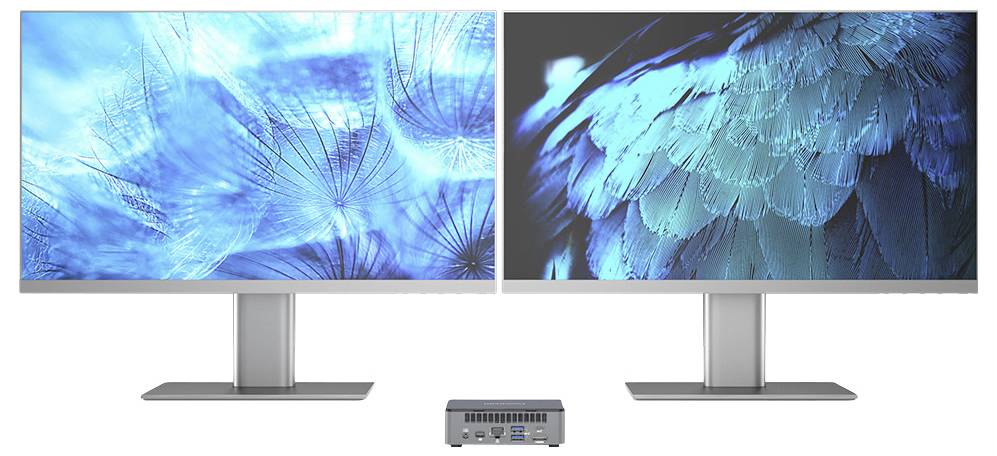 Dva vedľa seba umiestnené monitory zobrazujú abstraktné modré grafiky podobné pierkom s malým stolným počítačom umiestneným nižšie medzi nimi.