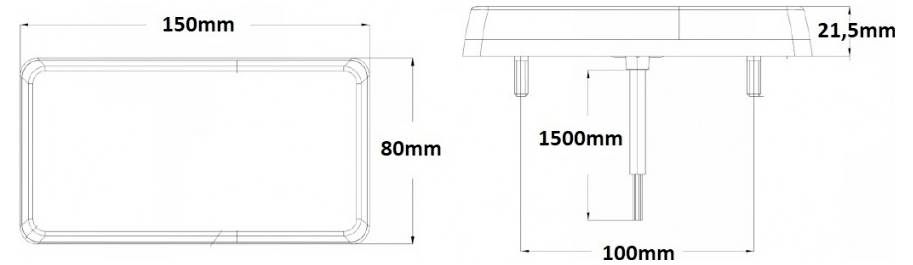 Technický výkres obdĺžnikového objektu, 150 mm x 80 mm, s bočným pohľadom zobrazujúcim výšku 21,5 mm a podstavcom siahajúcim do vzdialenosti 1500 mm.