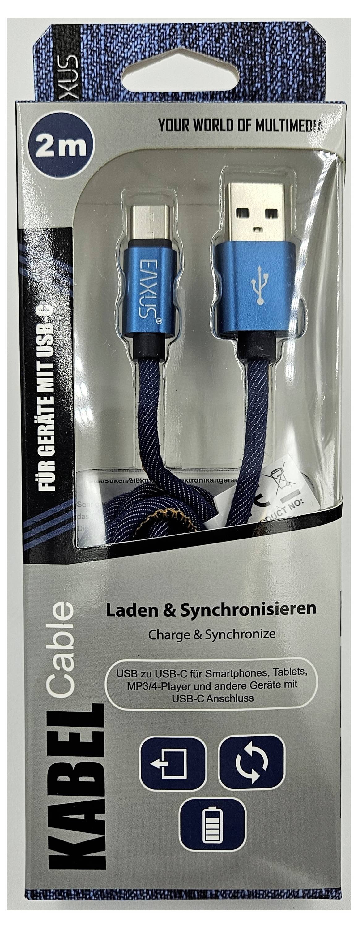 Balík obsahujúci 2-metrový USB-C na USB-A kábel, popísaný ako vhodný pre multimediálne použitie, na nabíjanie a synchronizáciu zariadení.