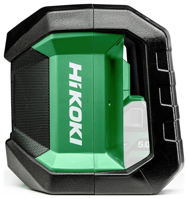 Zelený a čierny prenosný reproduktor Hikoki s robustným dizajnom so vstavanou rukoväťou a viditeľným ovládacím panelom na boku.