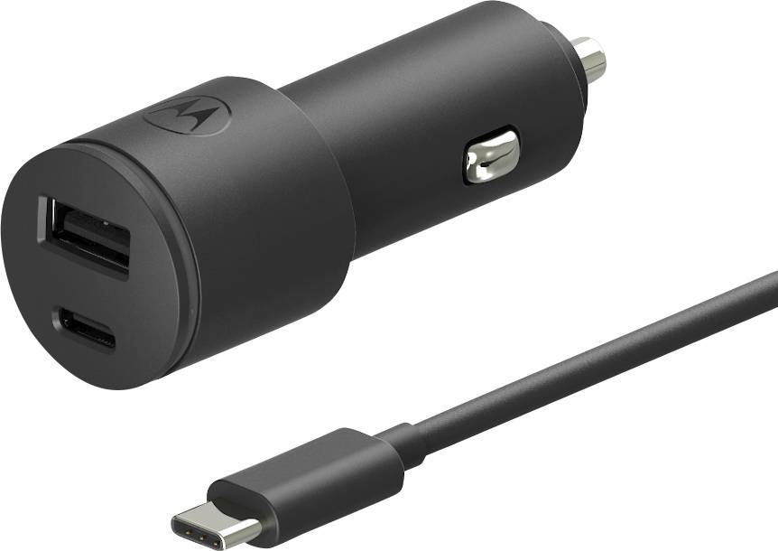 Čierny autodobíjač s duálnymi USB portami vrátane portu Type-C a priloženého kábla, navrhnutý pre napájanie zariadení počas jazdy.