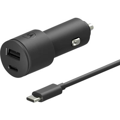 Čierny autodobíjač s duálnymi USB portami vrátane portu Type-C a priloženého kábla, navrhnutý pre napájanie zariadení počas jazdy.