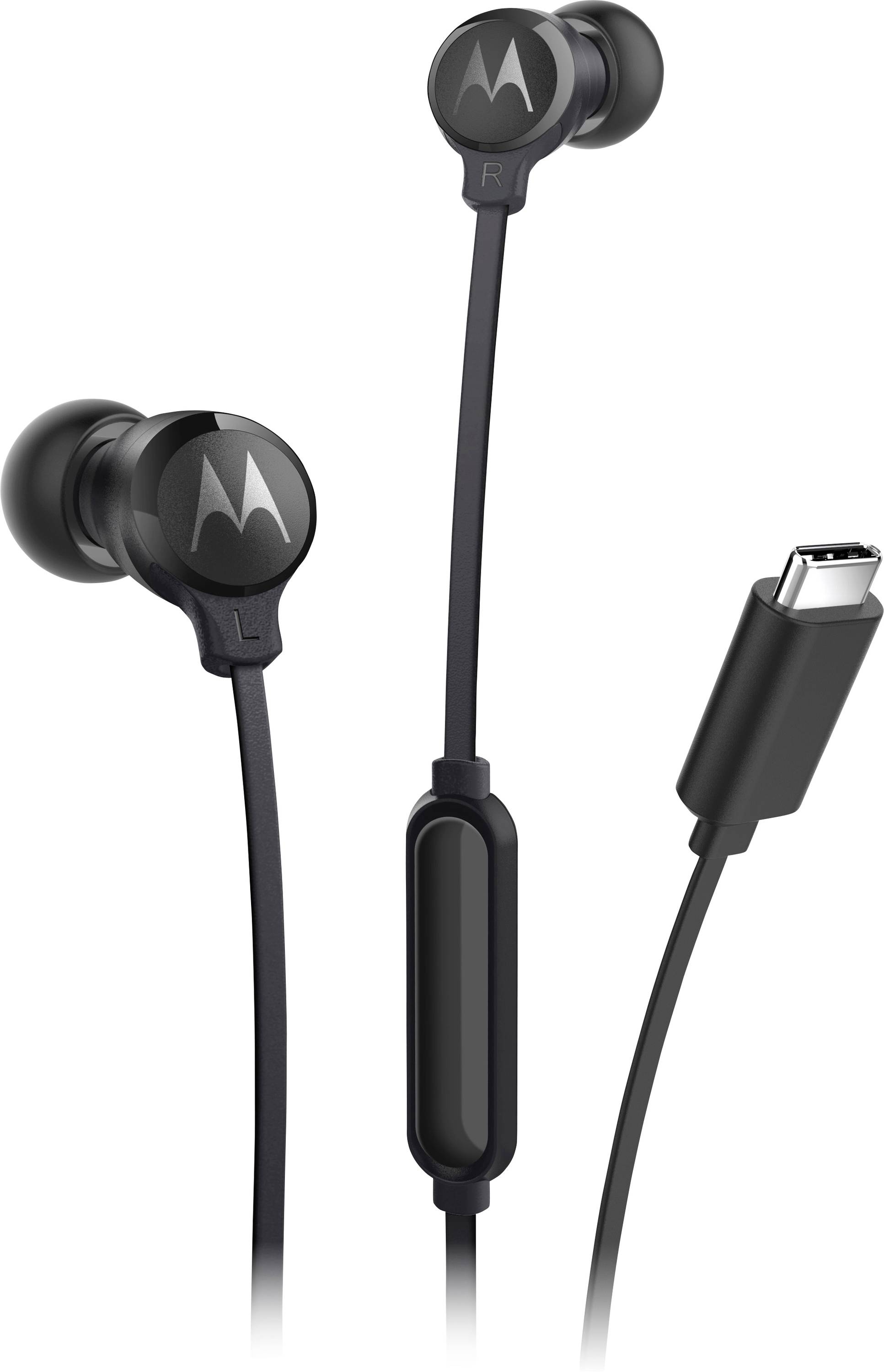 Čierne vnútroušné slúchadlá s USB-C konektorom a inline diaľkovým ovládaním.
