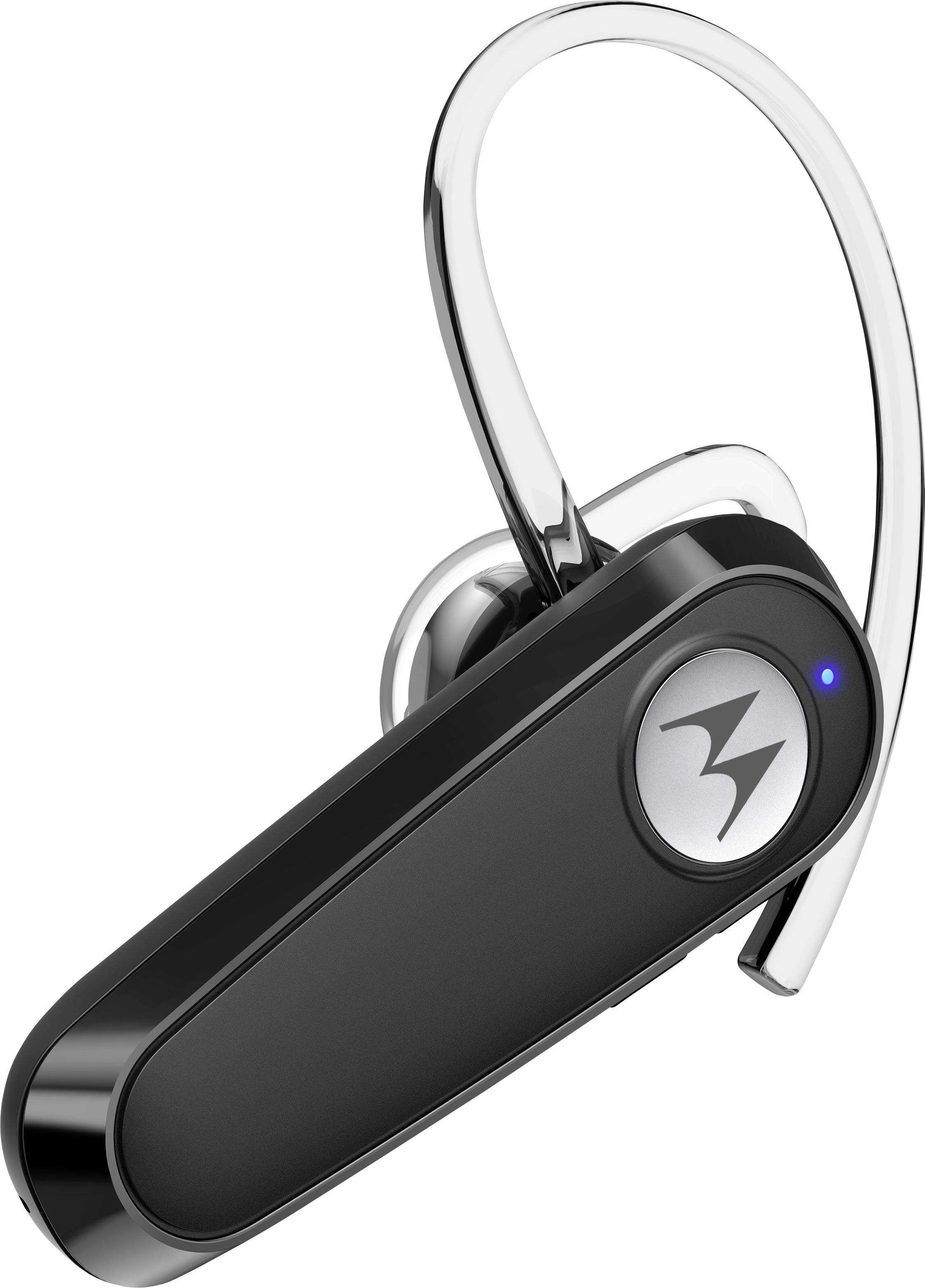 Elegantný, čierny Bluetooth headset Motorola so striebornou slučkou, s modrým indikačným svetlom a logom Motorola na boku.