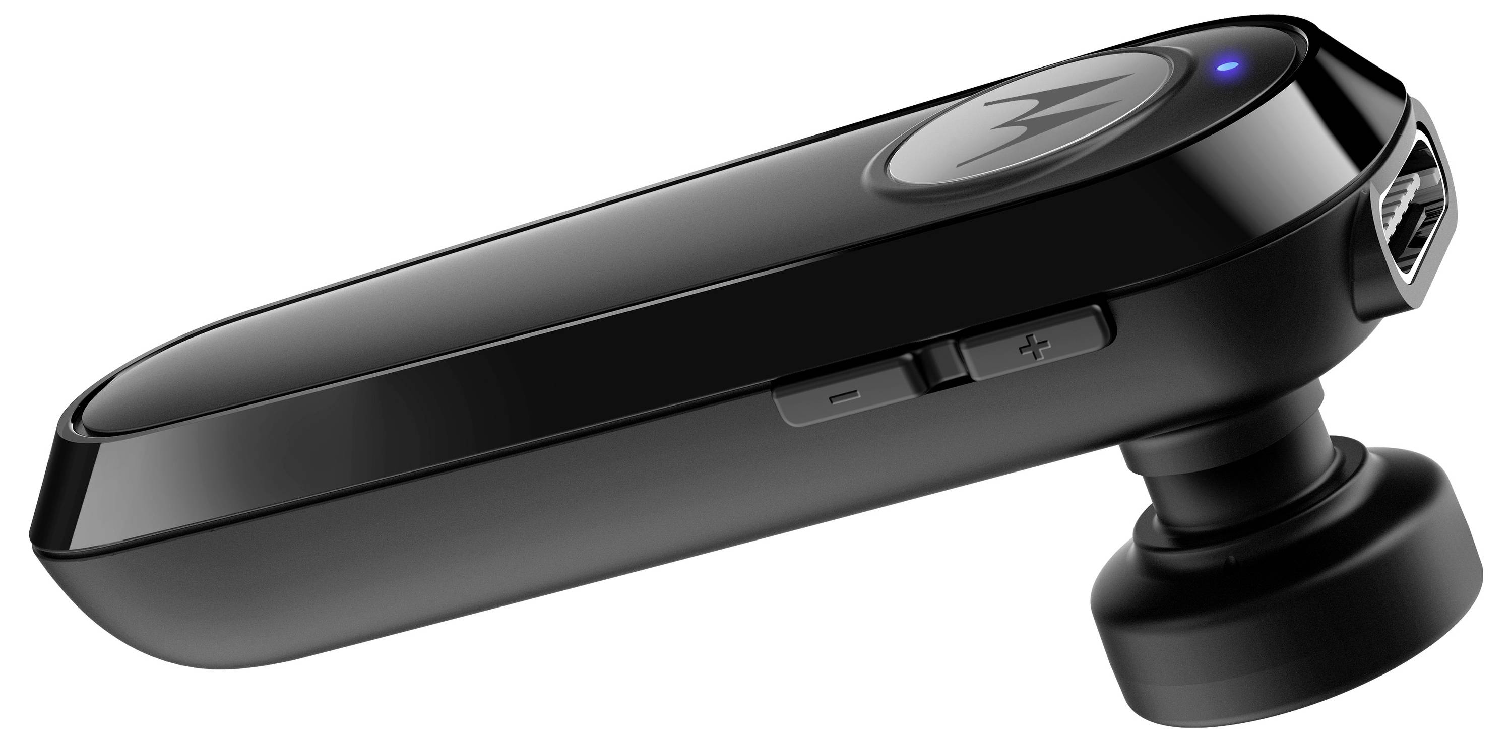 Čierne bezdrôtové slúchadlo s ovládačmi hlasitosti a nabíjacím portom, vyznačujúce sa elegantným dizajnom a podsvietením indikačnej kontrolky.