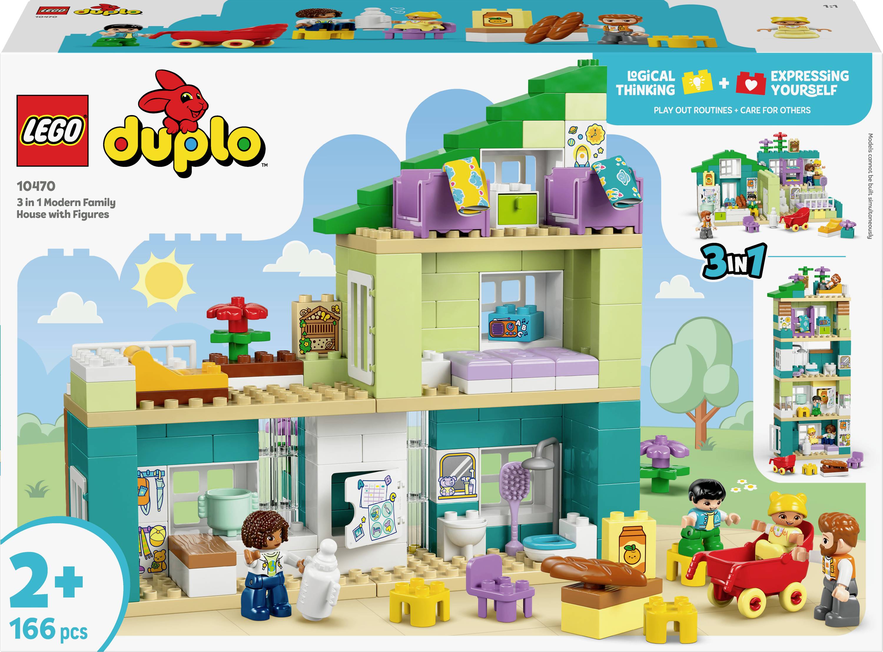 Súprava Lego Duplo 3-v-1 Moderný rodinný dom s figúrkami pre deti od 2 rokov, zobrazujúca farebný, viacposchodový dom s hracími figúrkami a doplnkami.