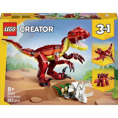 LEGO Creator 3-v-1 súprava, 'Dravý Dinosaurus', číslo modelu 31379 so 283 dielmi. Na krabici je zobrazený červený dinosaurus, alternatívne modely a odporúčaný vek 8+.