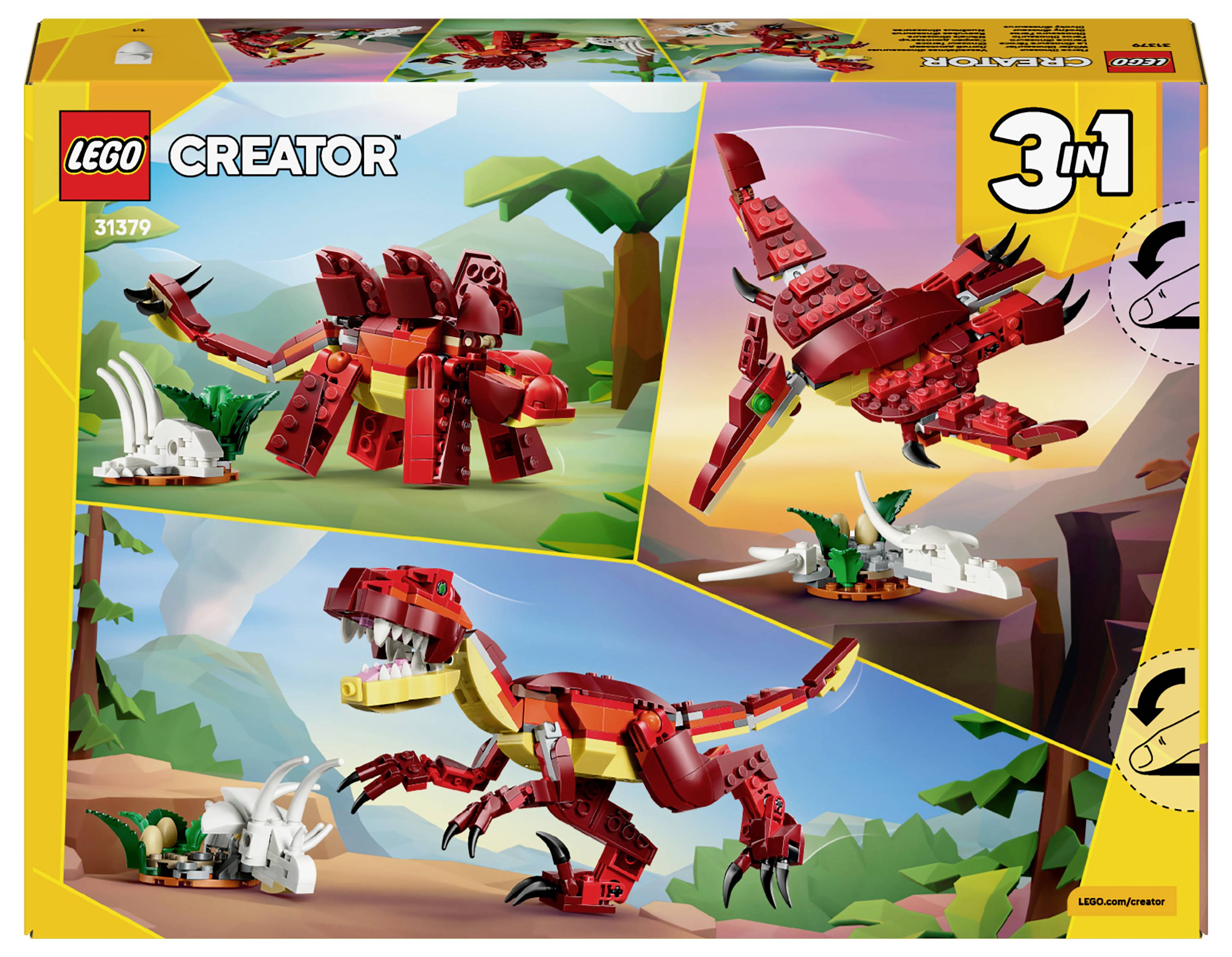 Sada Lego Creator 3-v-1 č. 31129 zobrazujúca modely červeného dinosaura, pterosaura a triceratopsa v prehistorickom prostredí.