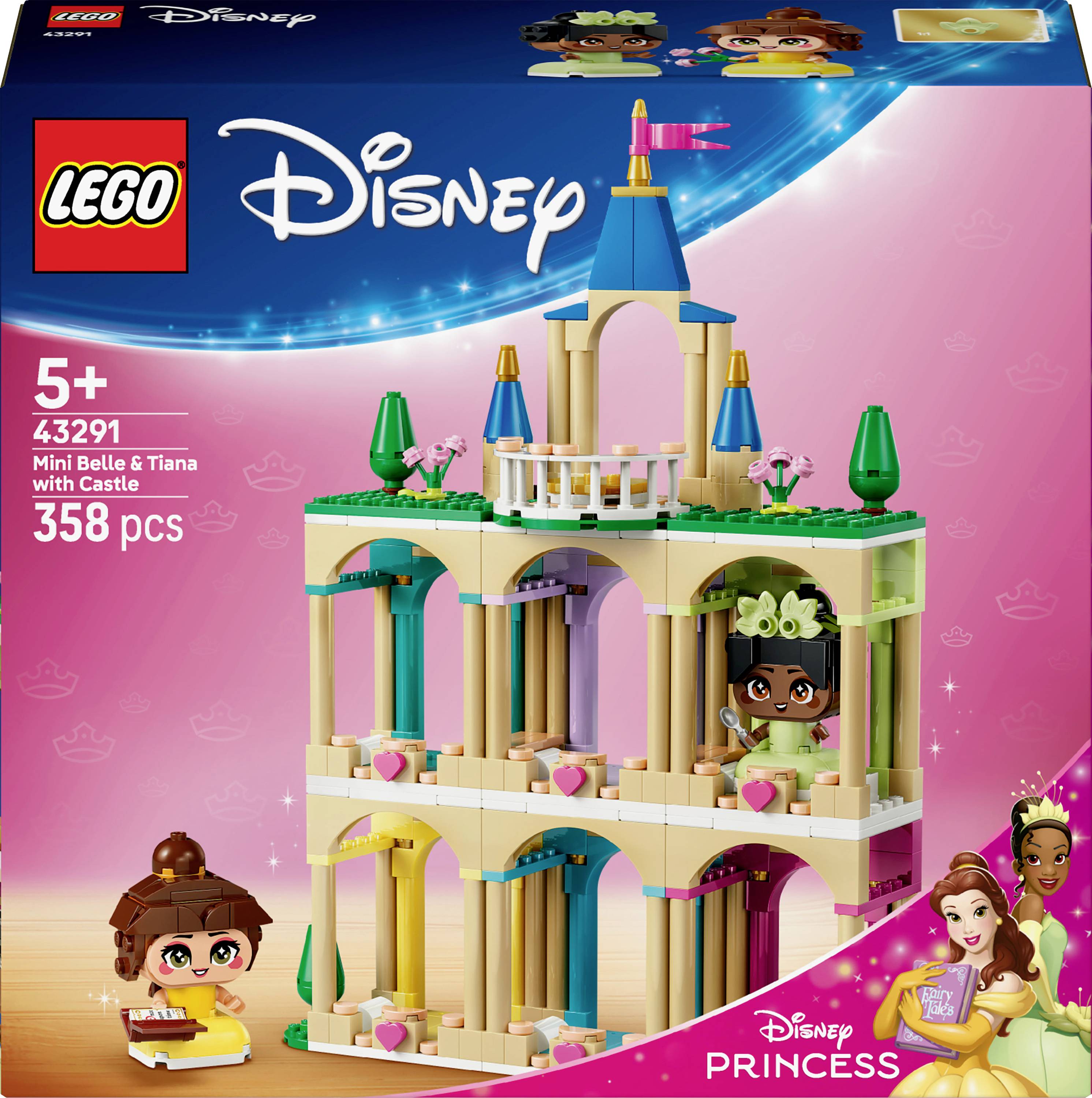 LEGO Disney Mini Belle a Tiana s Zámkom, súprava 43291, pre vek 5+, obsahuje 358 dielikov. Súčasťou sady sú zámok, minifigúrky a doplnky.