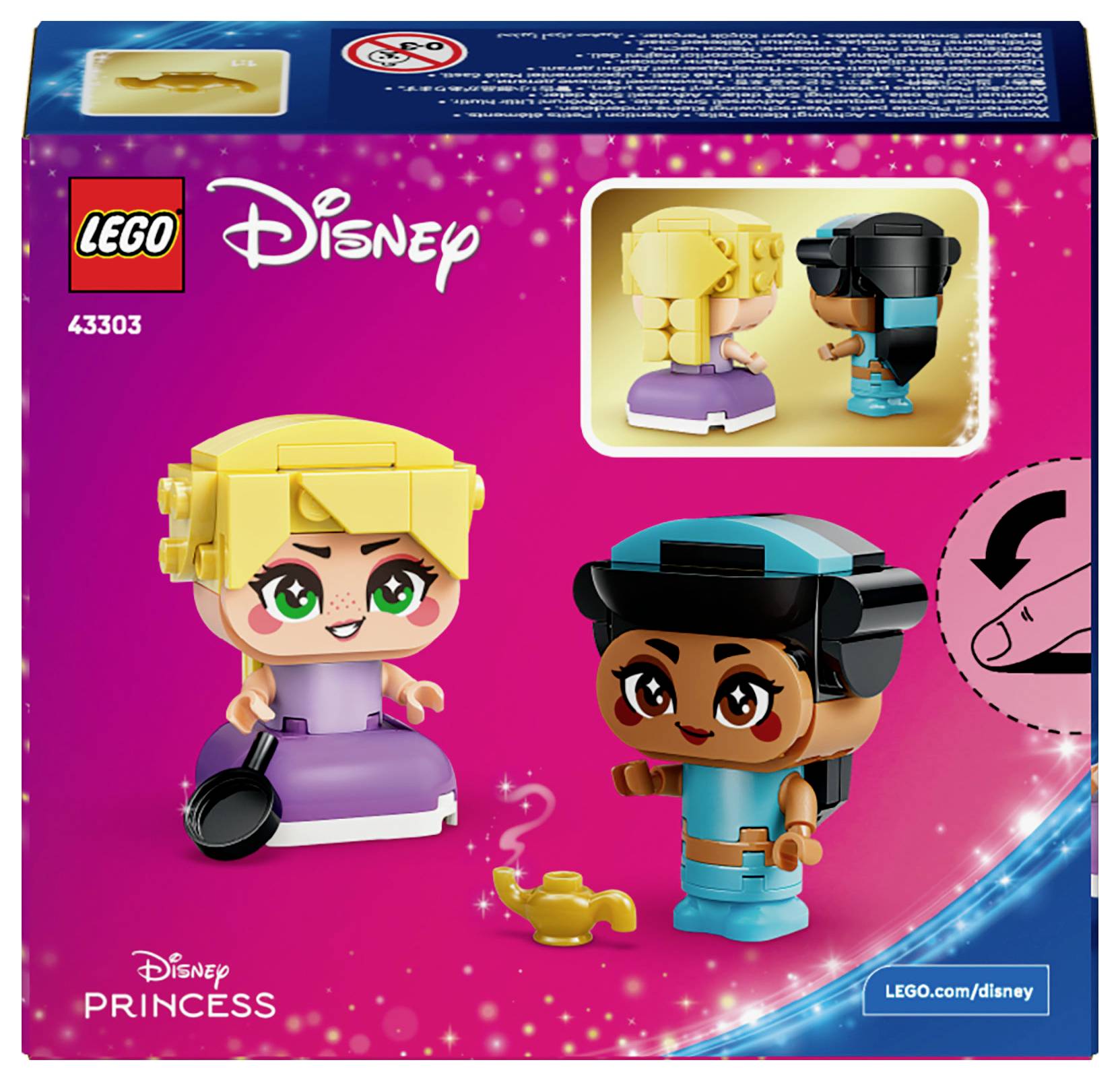 LEGO Disney súprava v krabici znázorňujúca dve princezné s veľkými očami a farebnými kostýmami. Jedna drží panvicu a magická lampa leží na podlahe.