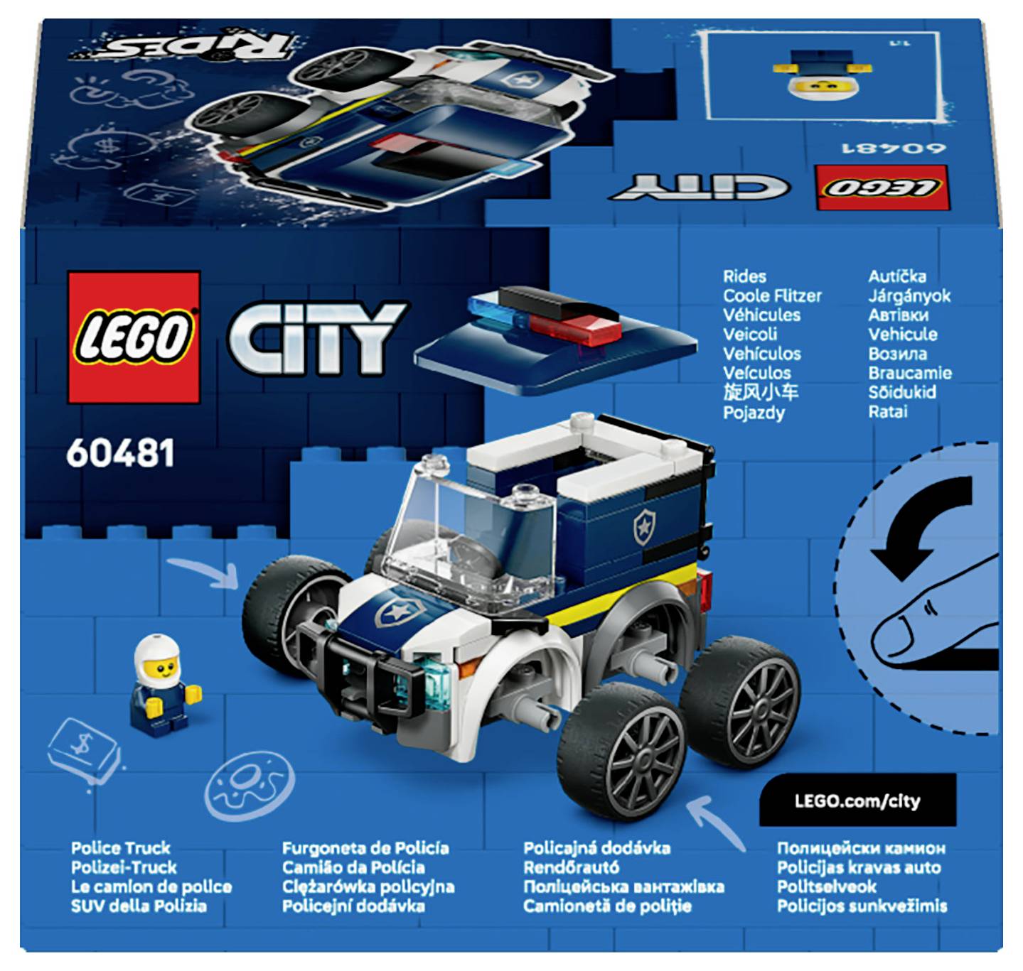 LEGO City Policajné vozidlo set 60481 balenie. Obsahuje modrú policajnú dodávku, LEGO minifigúrku a policajné tematické grafické prvky.