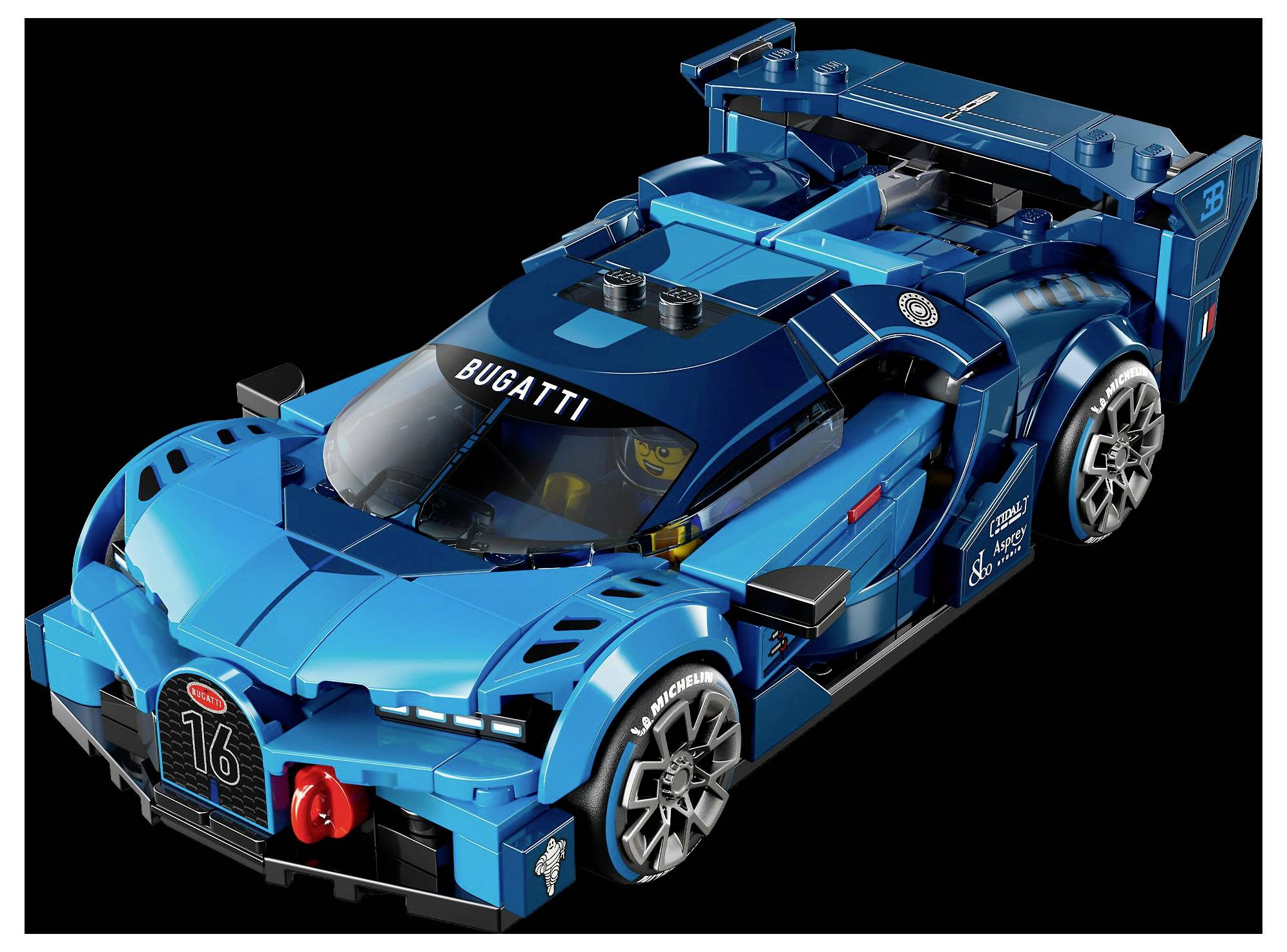 Modrý LEGO model športového automobilu Bugatti na čiernom pozadí, ktorý ukazuje jemné detaily vrátane log a čísla '16' vpredu.