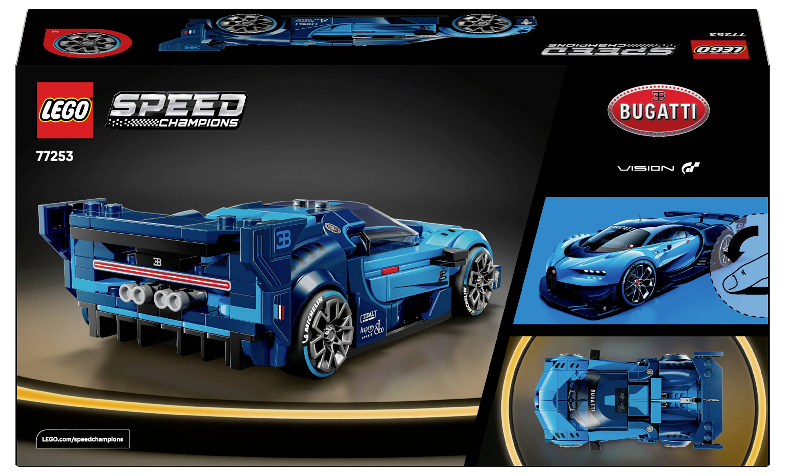Sada LEGO Speed Champions s modelom modrého automobilu Bugatti Vision Gran Turismo s detailným zadným dizajnom a značkovým balením.