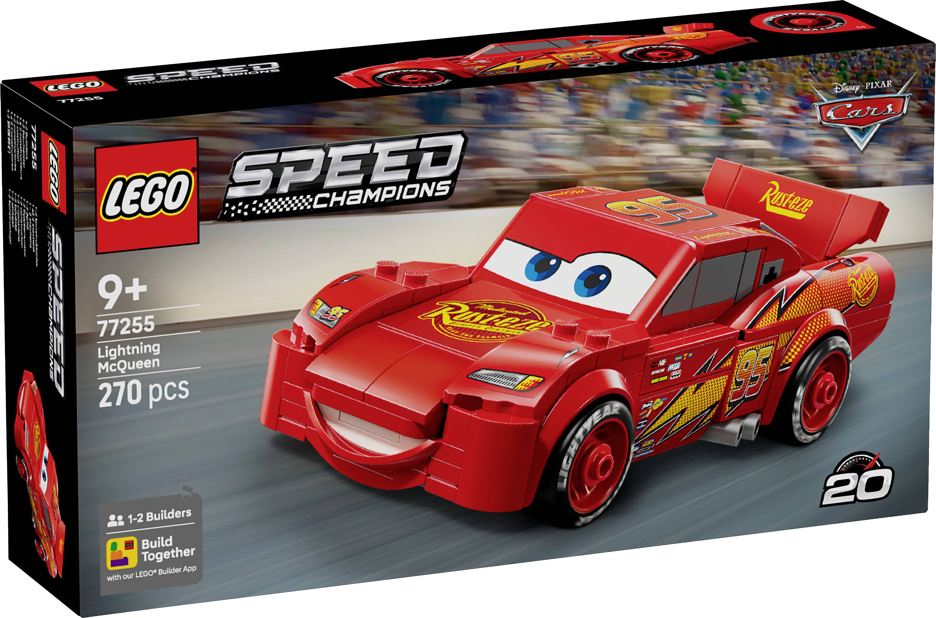 LEGO Speed Champions súprava s červeným pretekárskym autom podobným Lightning McQueenovi z filmu 'Cars'. Pre deti od 9 rokov, obsahuje 270 dielikov.