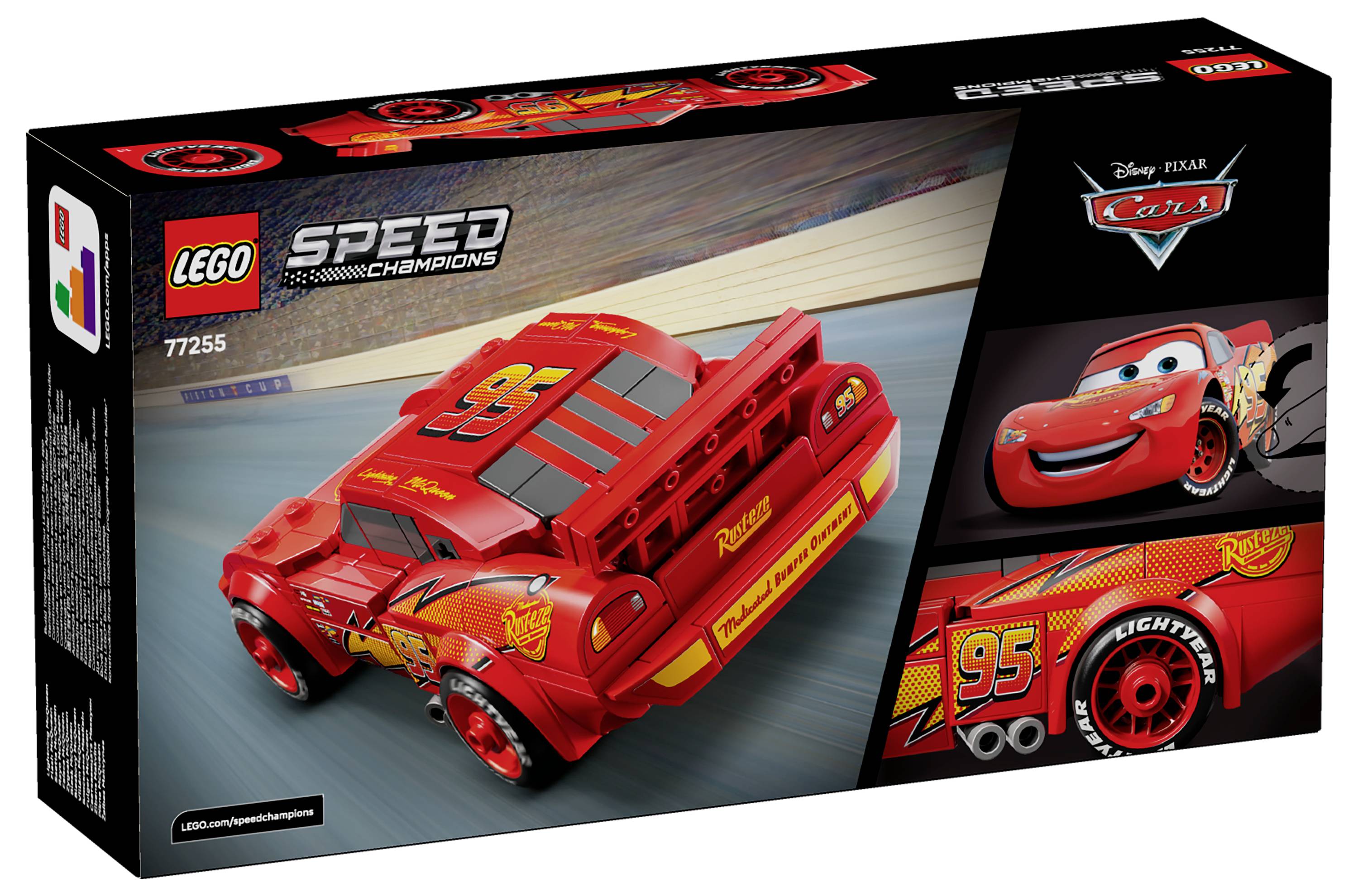 Krabica LEGO Speed Champions z roku '95' z Disney Pixar Cars, zobrazujúca červené pretekárske auto s farebnými nálepkami a obrázkami postáv.