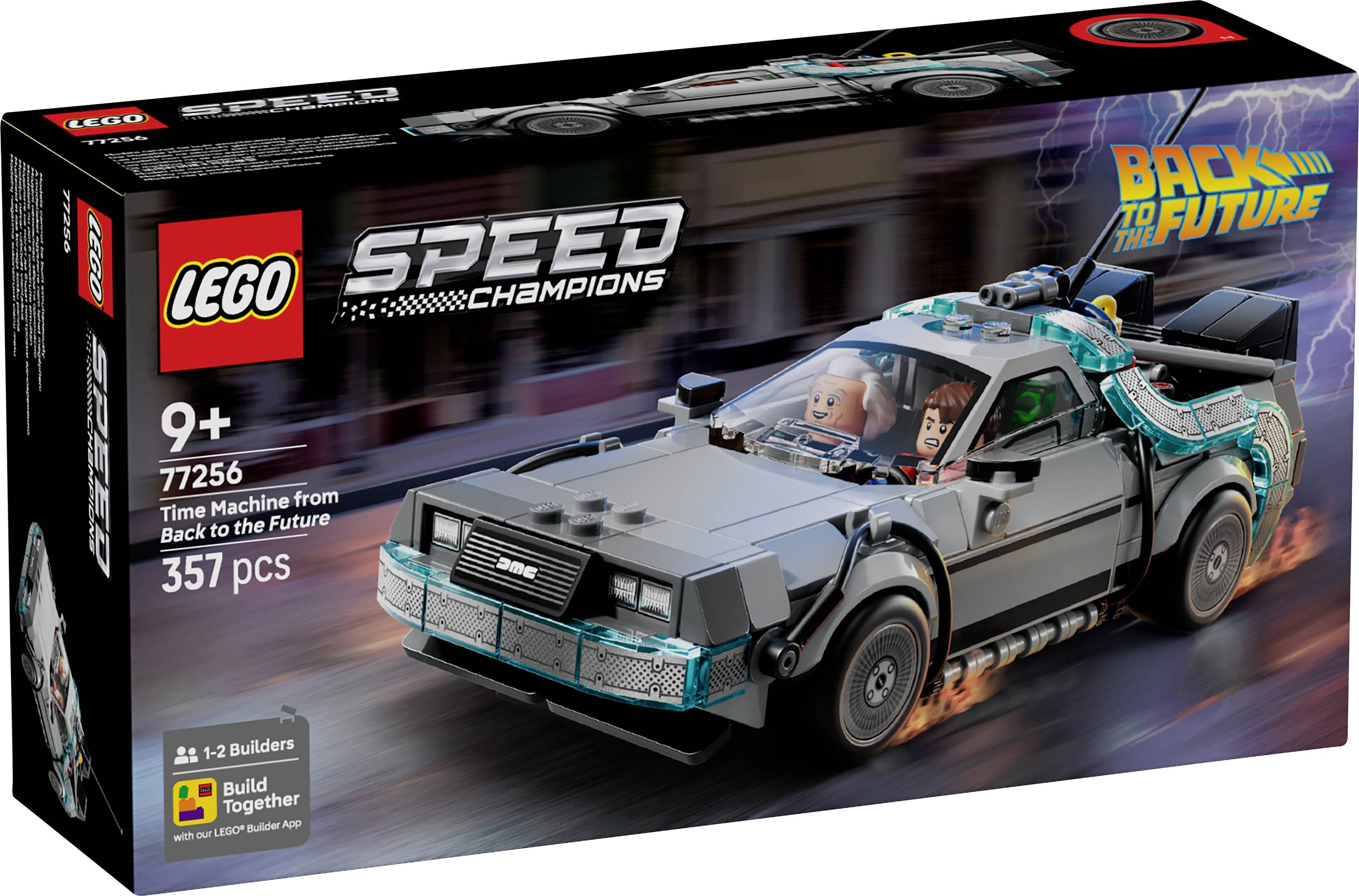 LEGO Speed Champions set s modelom DeLorean z filmu 'Návrat do budúcnosti'. Na krabici sú dva figúrky vnútri auta, určené pre deti od 9 rokov, obsahuje 357 dielikov.