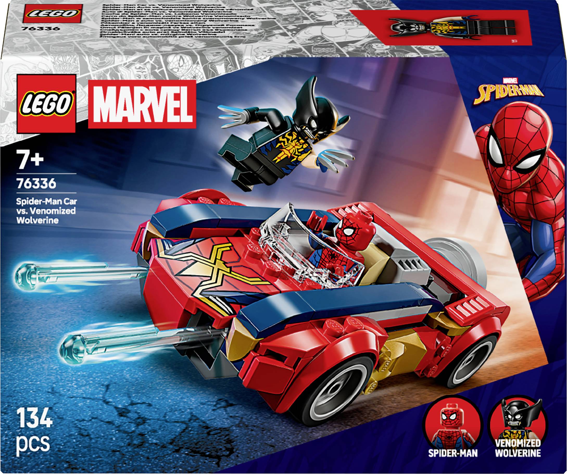 'LEGO Marvel Spider-Man Auto vs. Venomizovaný Wolverine set, 134 dielikov, pre deti od 7 rokov. Obsahuje figúrky Spider-Mana a Venomizovaného Wolverina.'