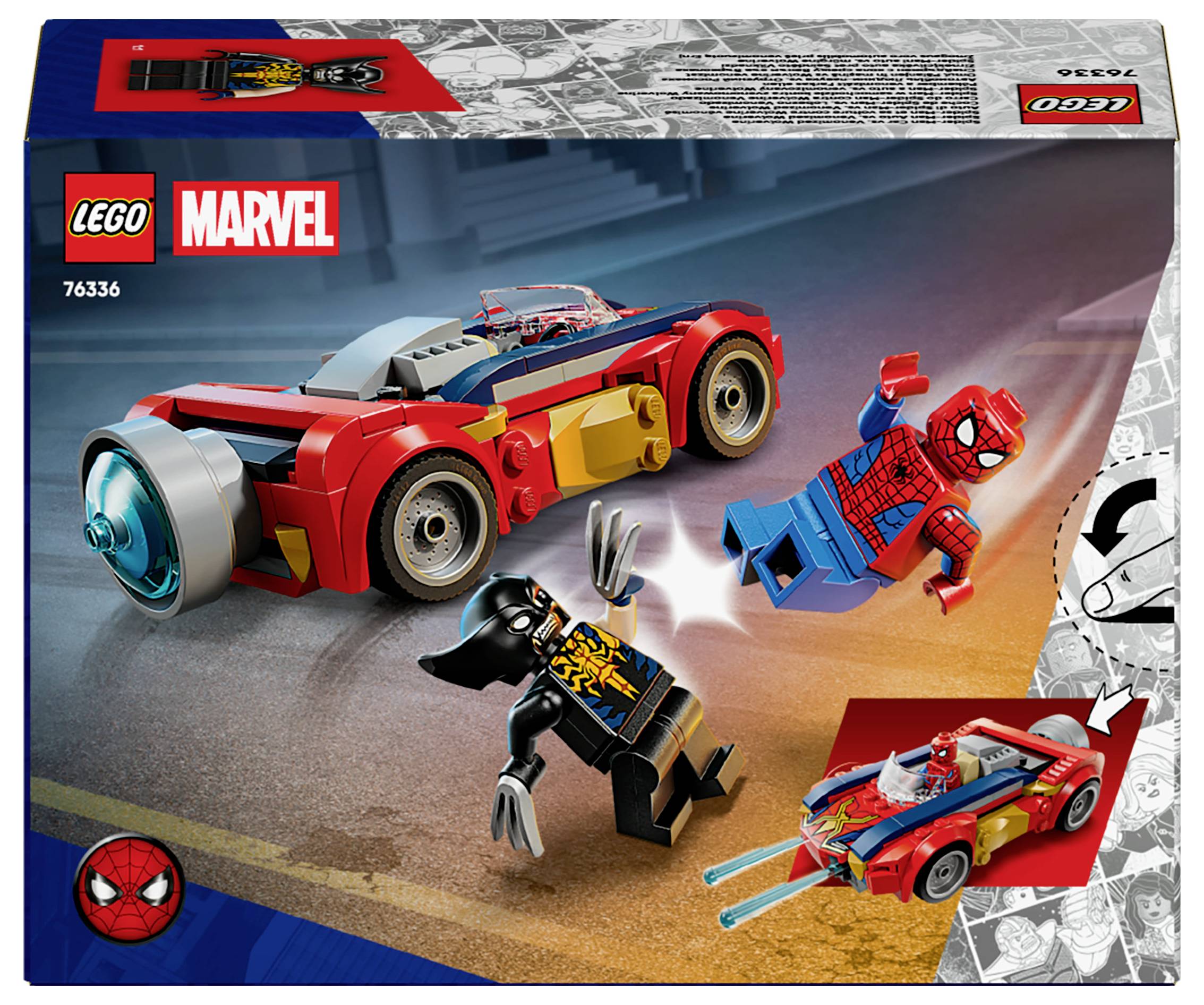 Sada LEGO Marvel so červeným autom a figúrkami Spider-Mana a Black Pantera v akčných pózach.