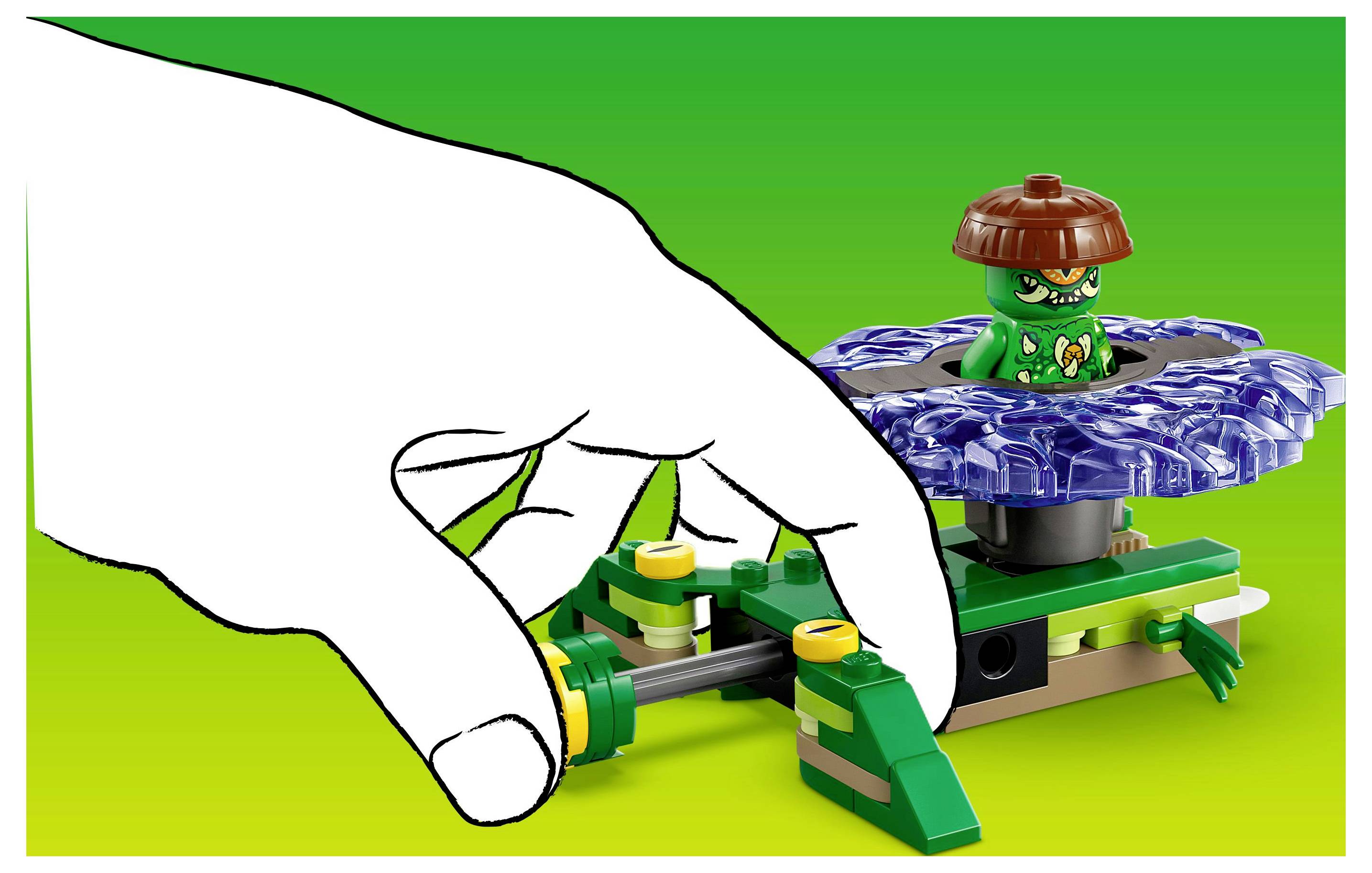 Ruka nastavujúca figúrku na malom, farebnom, rastlinke podobnom LEGO modeli na zelenom gradientnom pozadí.