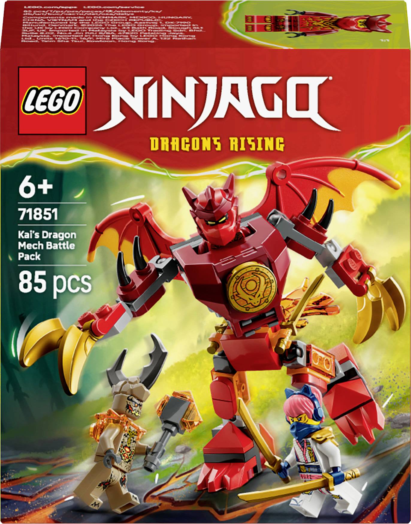 LEGO Ninjago 'Vzostup drakov' súprava 71851. Obsahuje mechanického draka so 85 dielmi a dvoma figúrkami postáv. Pre deti od 6 rokov.
