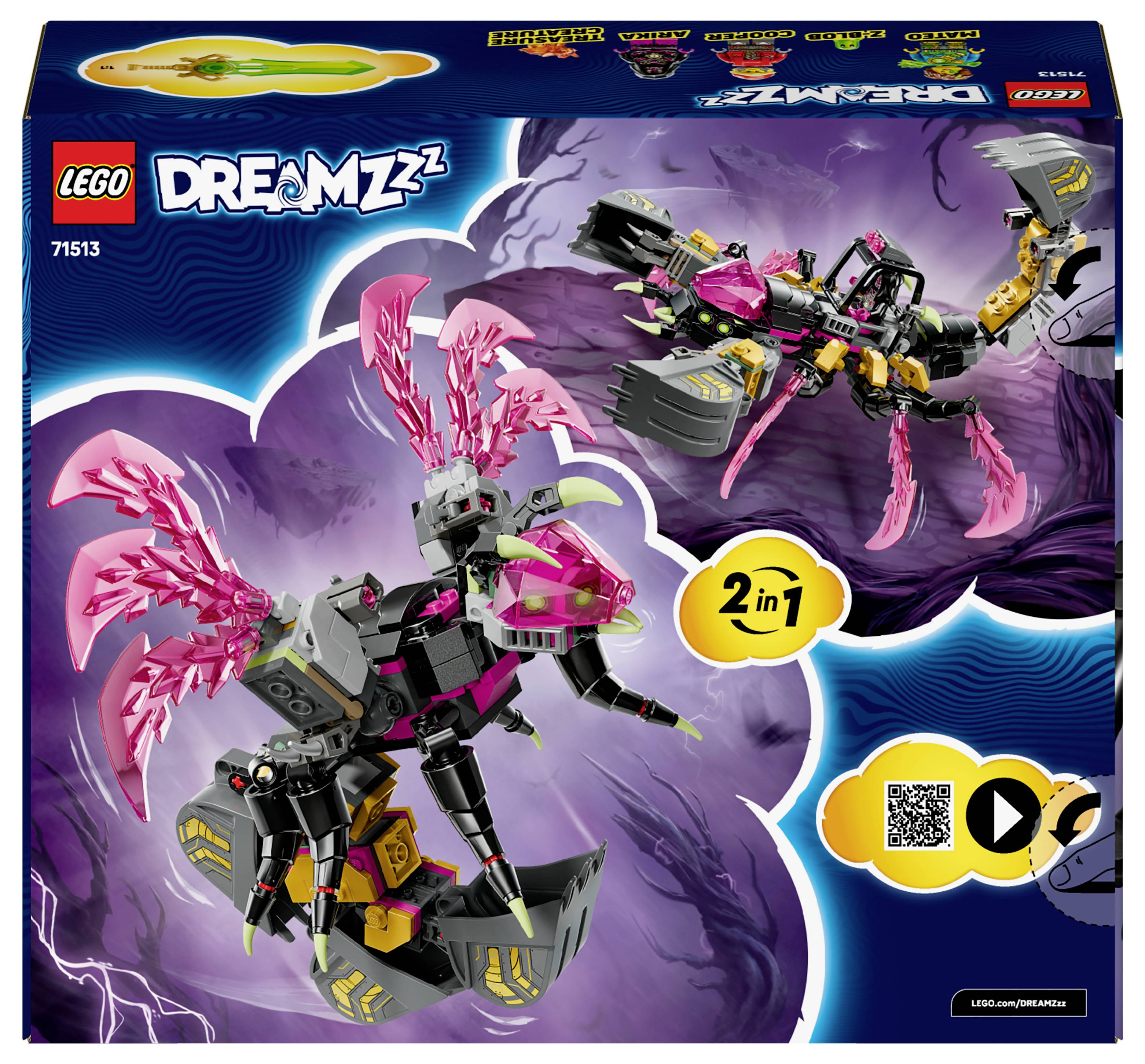 'LEGO DREAMZzz Škorpión s výmennými komponentmi pre rôzne konfigurácie. Živý dizajn s ružovými a čiernymi dielmi.'