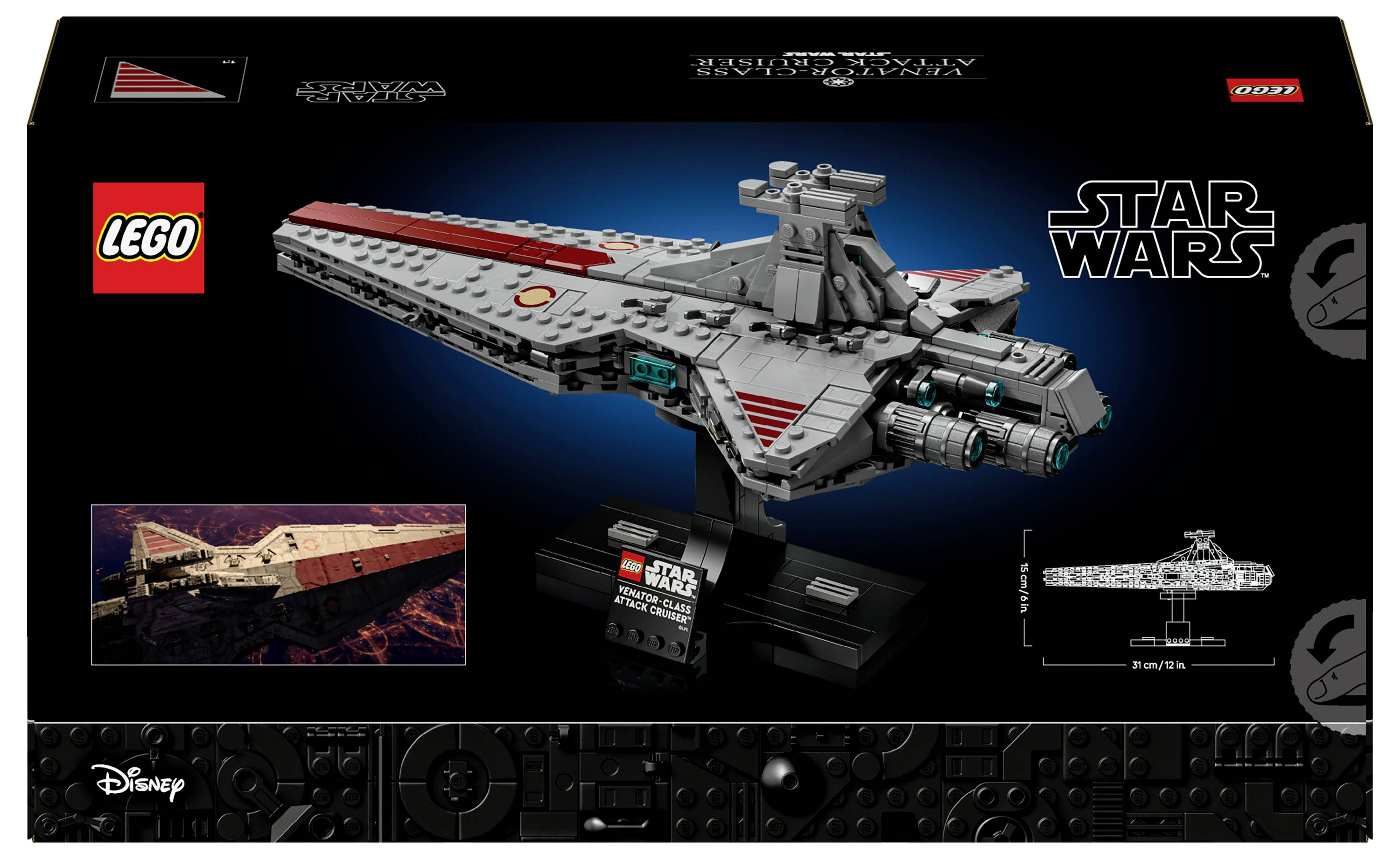 Krabica 'Lego Star Wars' obsahujúca model útočného križníka tried Venator Galaktickej republiky s produktovými a značkovými logami.