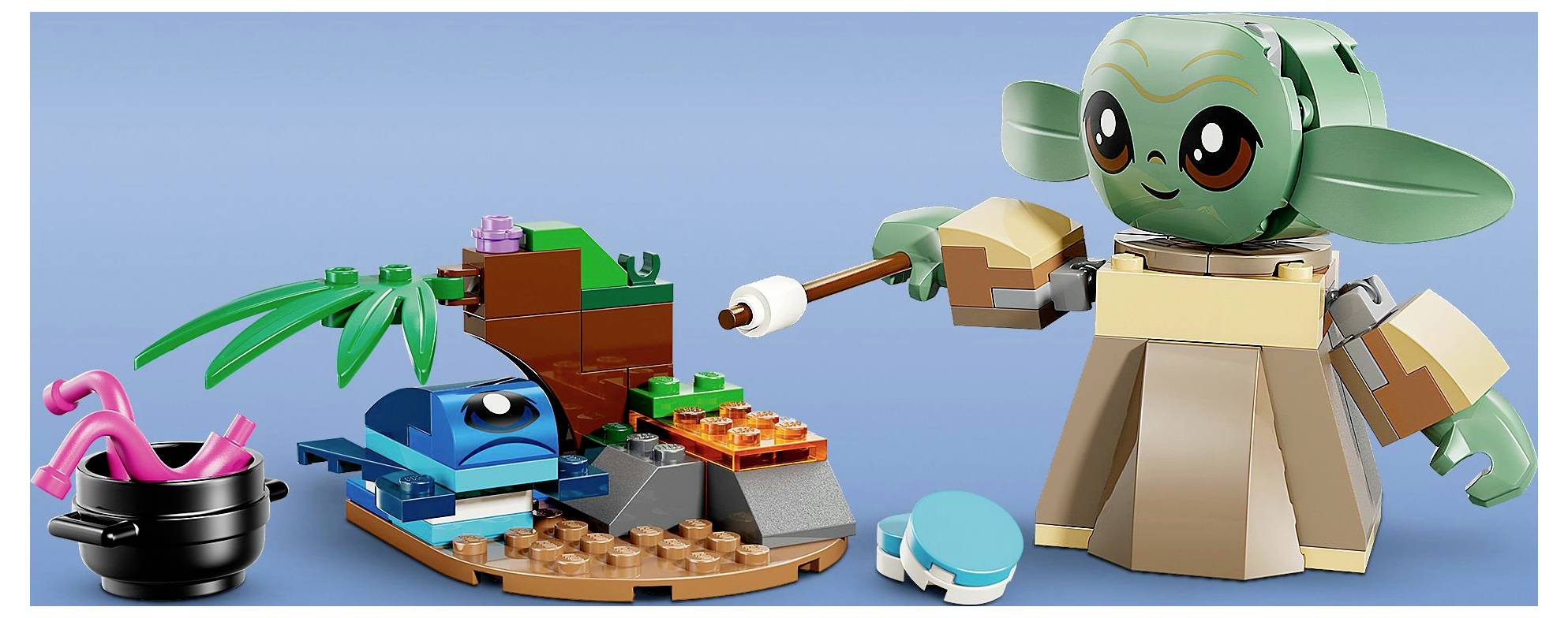 Malá, zelená, guľatohlavá postava s veľkými ušami opekajú marshmallow nad modro-hnedou LEGO táborákom.