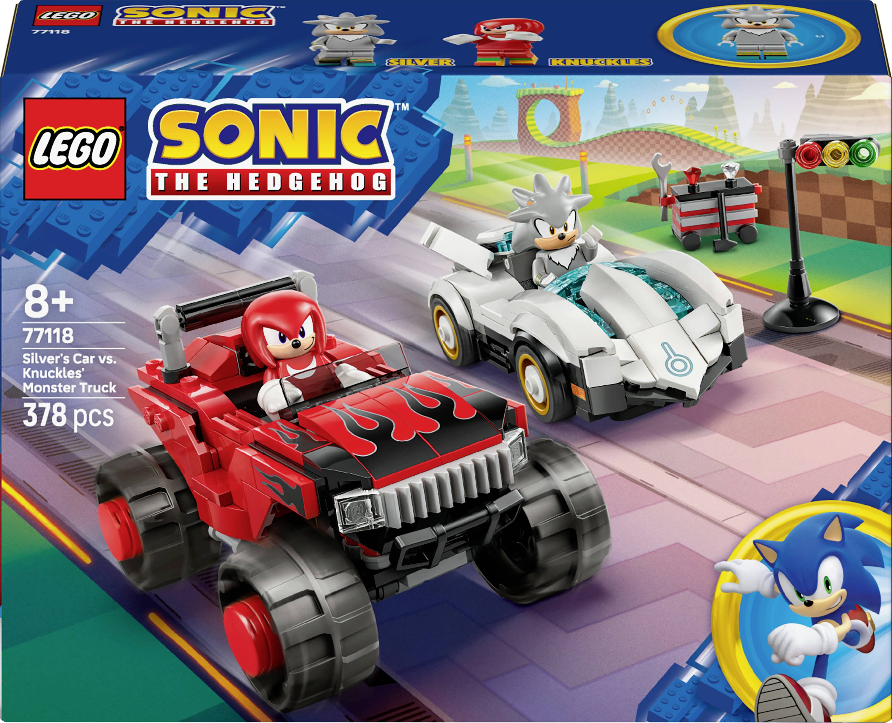 Lego súprava Sonic the Hedgehog so strieborným autom a monster truckom Knucklesa, obsahujúca 378 dielikov, vhodná pre deti od 8 rokov.