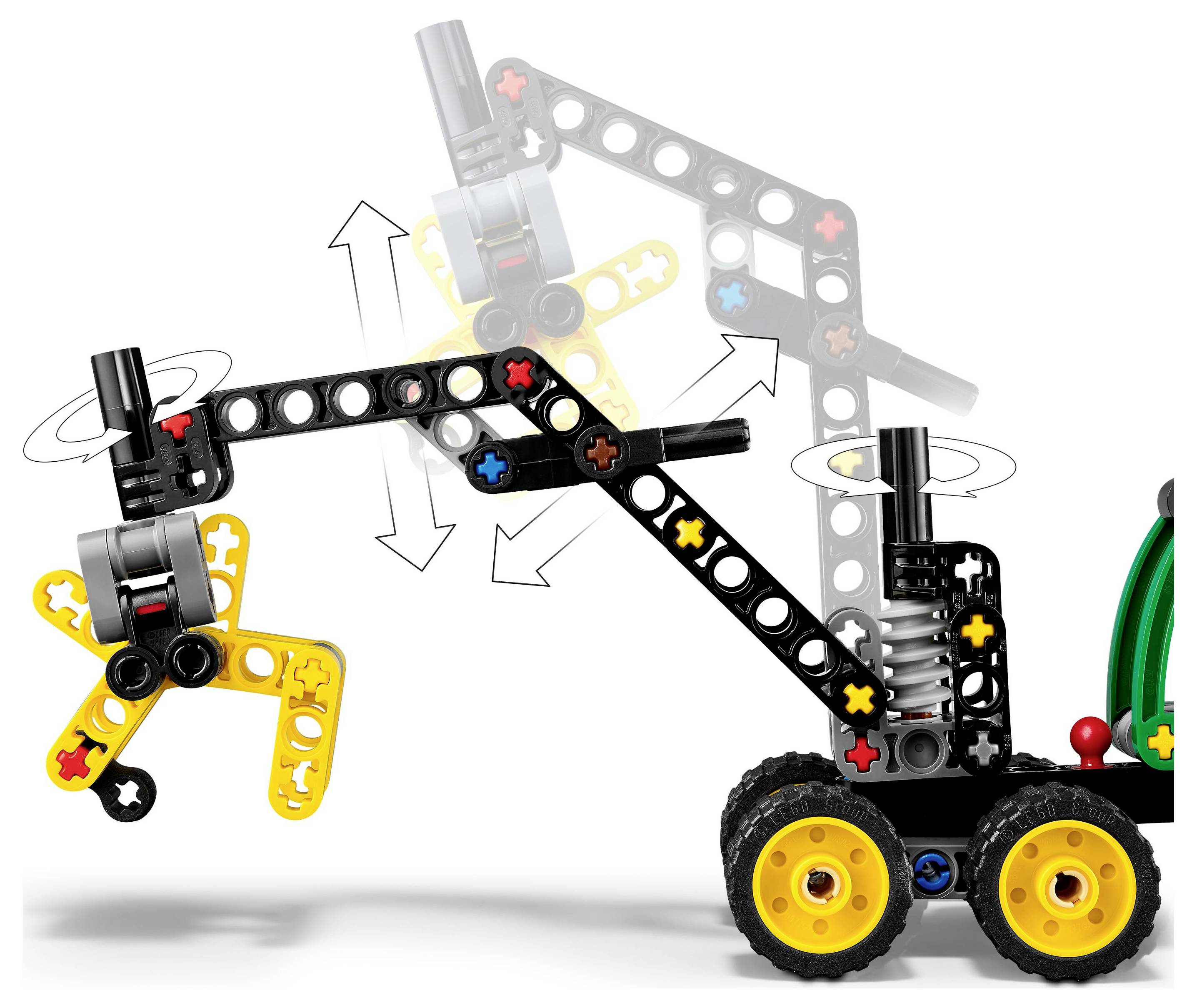 Model mechanickej paže s rotujúcimi žltými vrtuľami a pohyblivými kĺbmi, pripevnený na kolieskové základni, demonštrujúci dráhy pohybu.