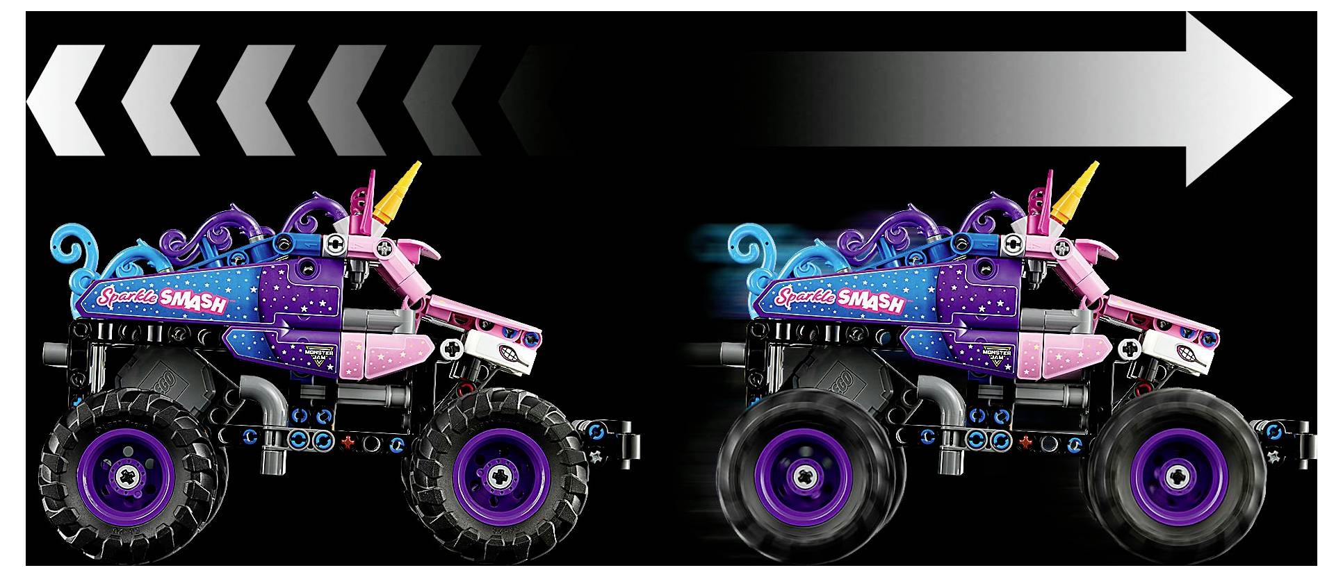 Monster truck hračka s veľkými kolesami, farebný dizajn s motívom jednorožca, označený nápisom 'Sparkle Smash', pohybujúci sa doprava podľa smeru šípky.