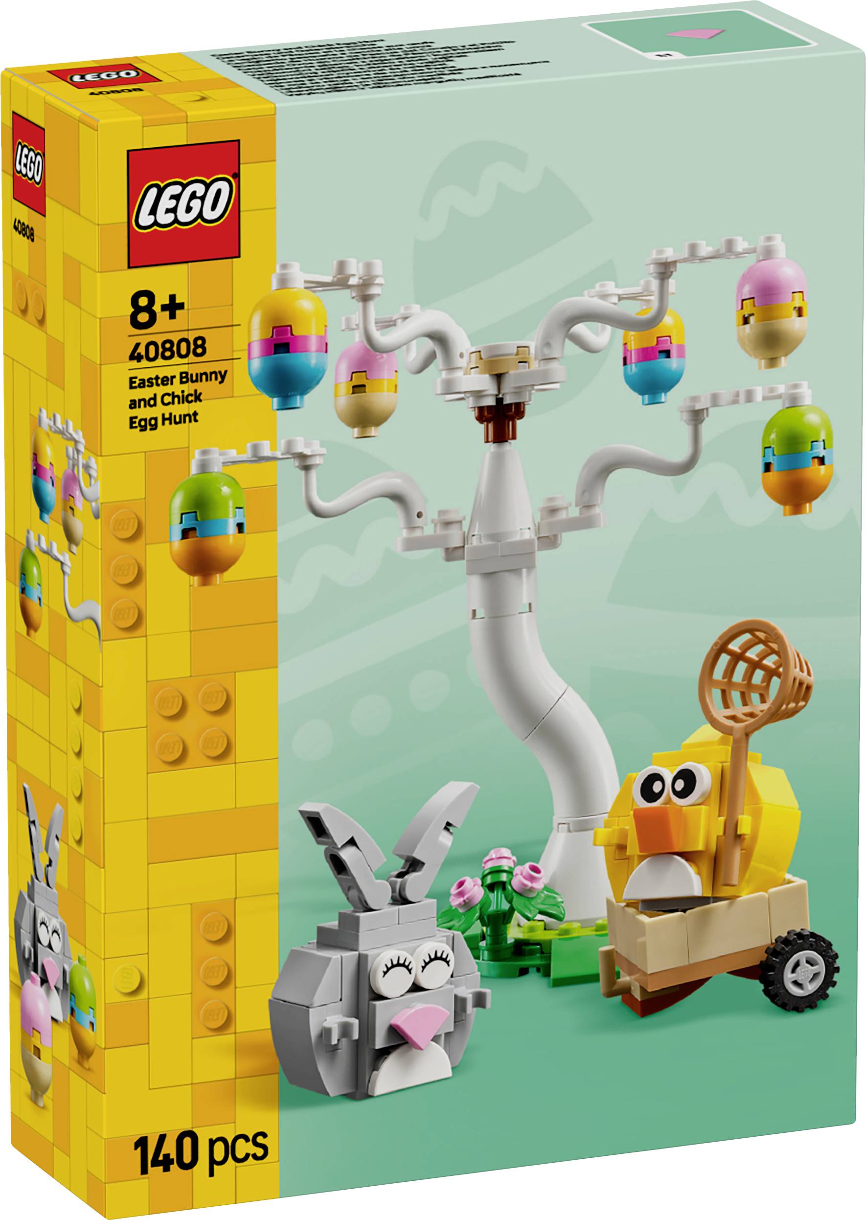 LEGO súprava - Veľkonočný zajačik a vajíčková naháňačka, vhodná pre deti od 8 rokov. Obsahuje strom s farebnými vajíčkami, zajačika, kuriatko a košík.