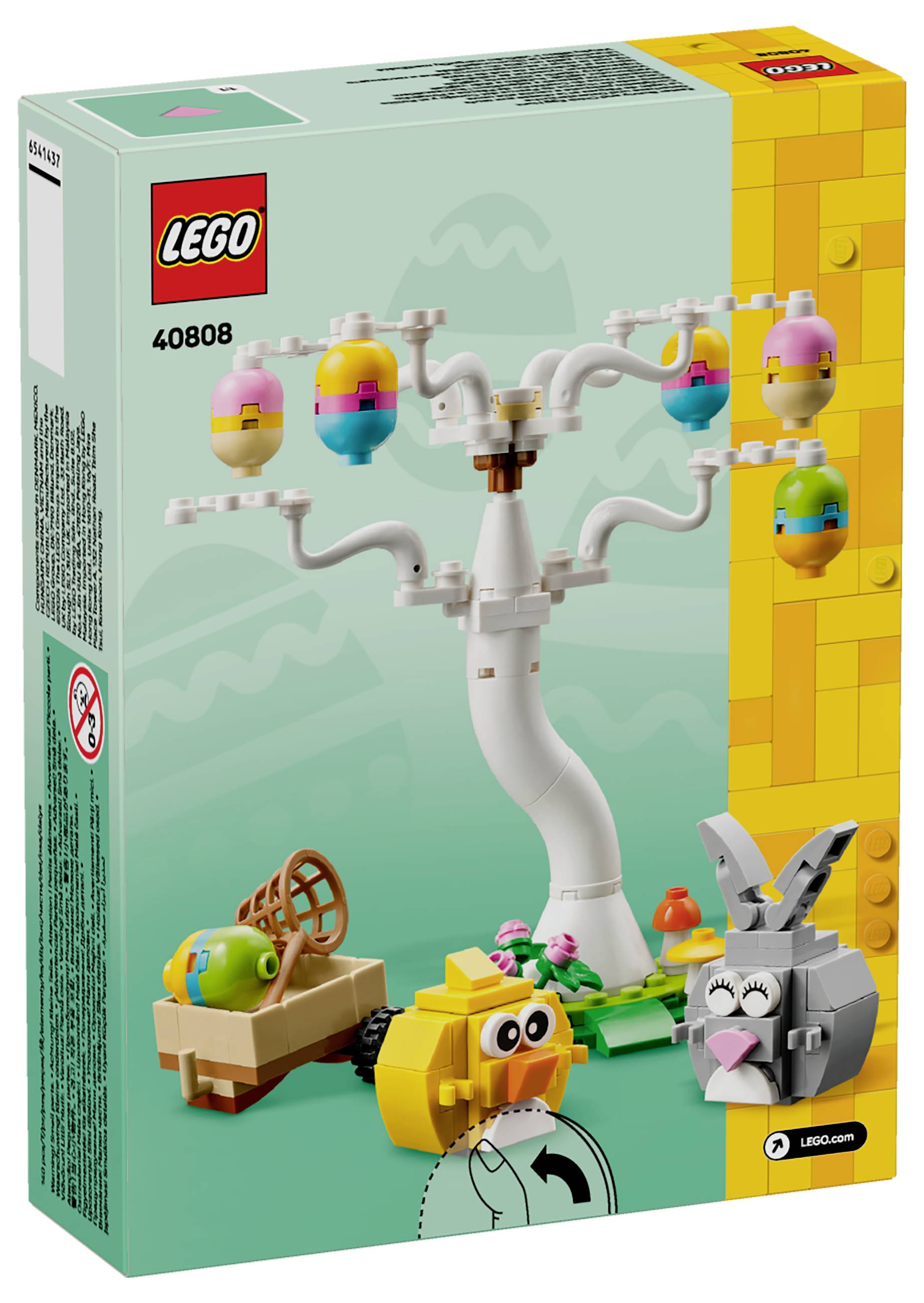 Súprava LEGO 40808 predstavuje roztomilý veľkonočný motív so suchou bielou stromom vyzdobeným farebnými vajíčkami, vozíkom, tekvicovou postavičkou a figúrkou zajaca.
