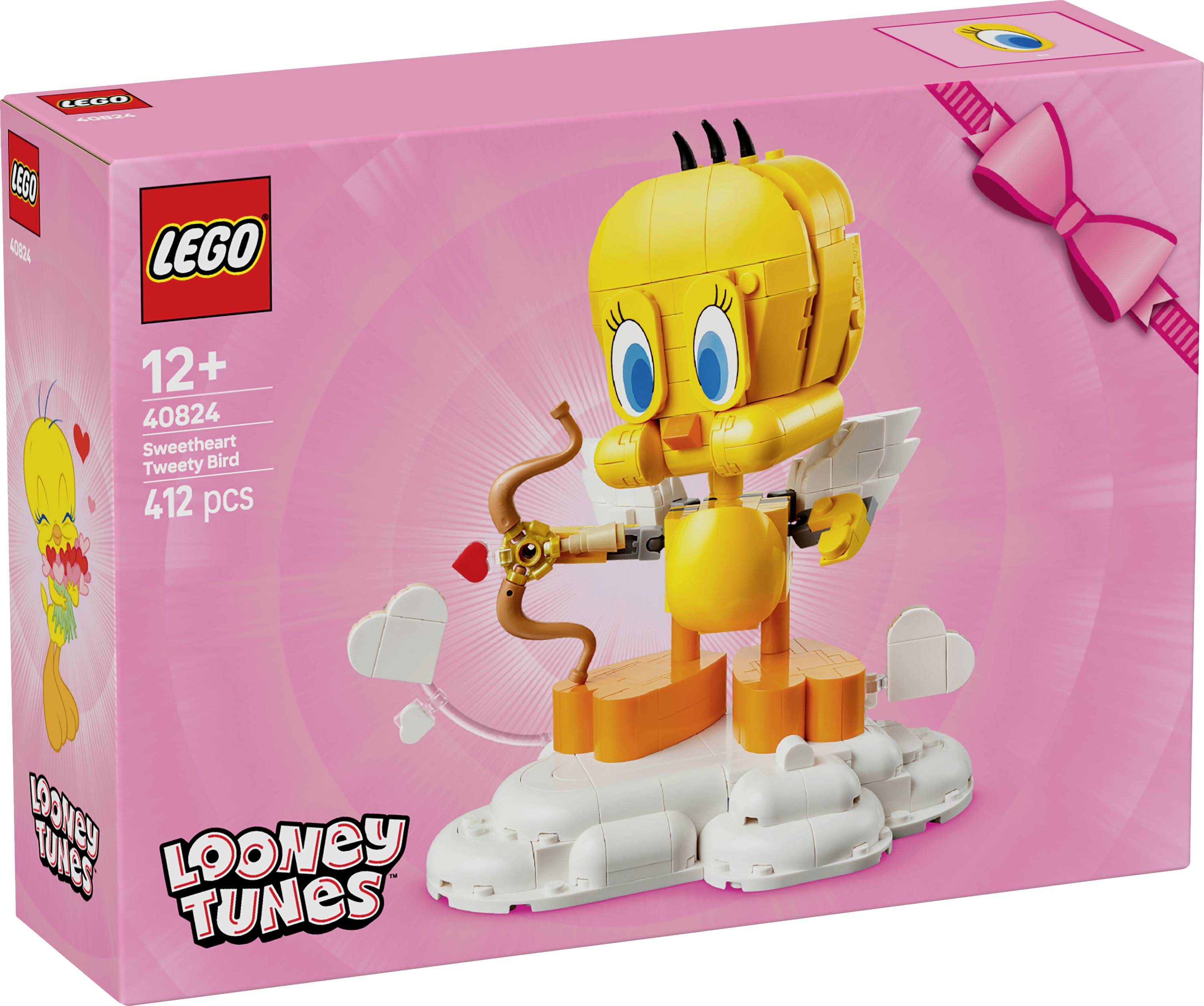 LEGO súprava Zamilovaného Tweetyho vtáčika, zobrazujúca žltú postavičku s lukom a šípom na oblaku. Určená pre vek 12+, 412 dielikov.