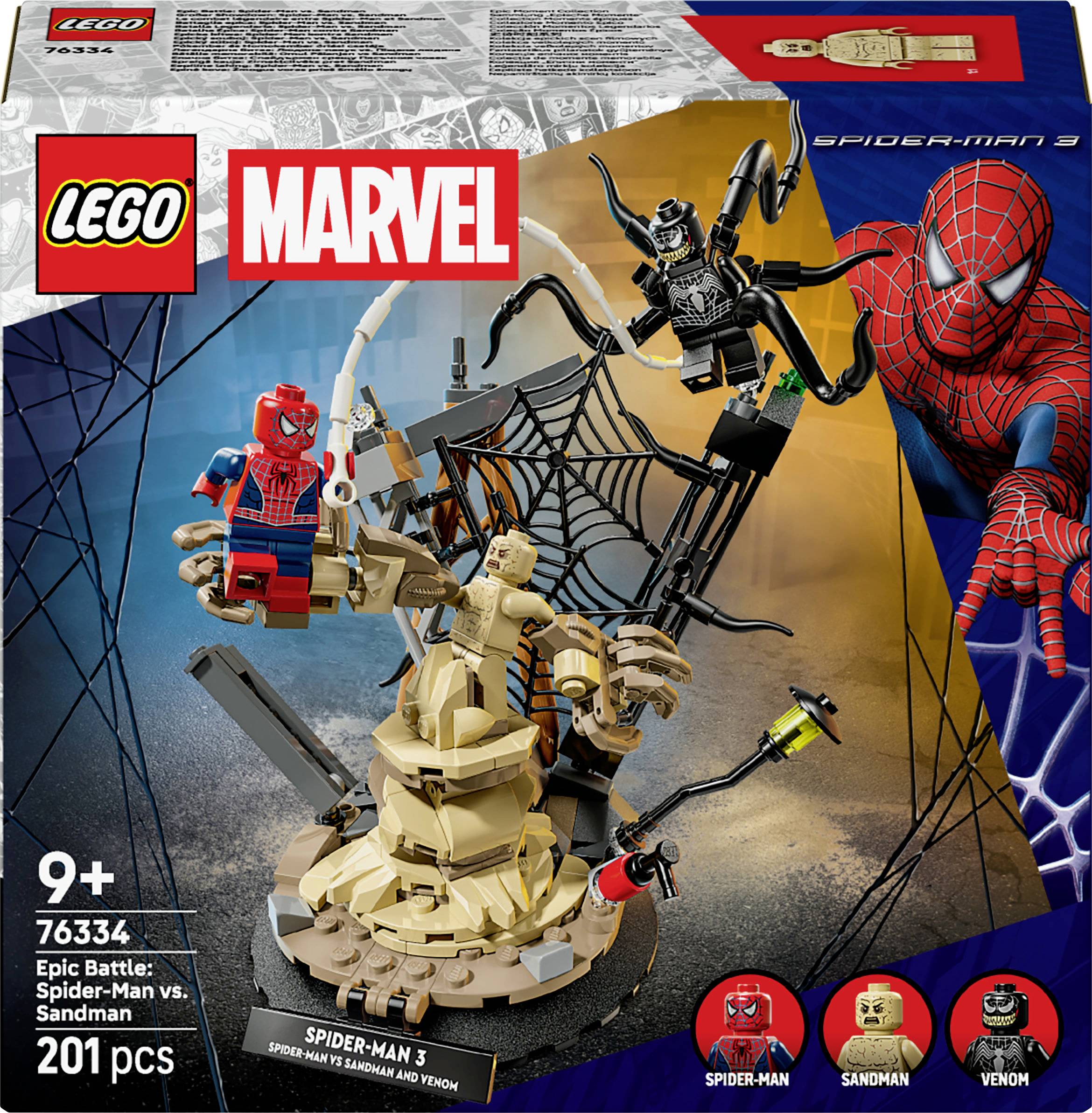 LEGO Marvel súprava so Spider-Manom v boji s Pieskovcom, obsahuje 201 dielikov a ďalšie postavičky. Vhodné pre deti od 9 rokov.