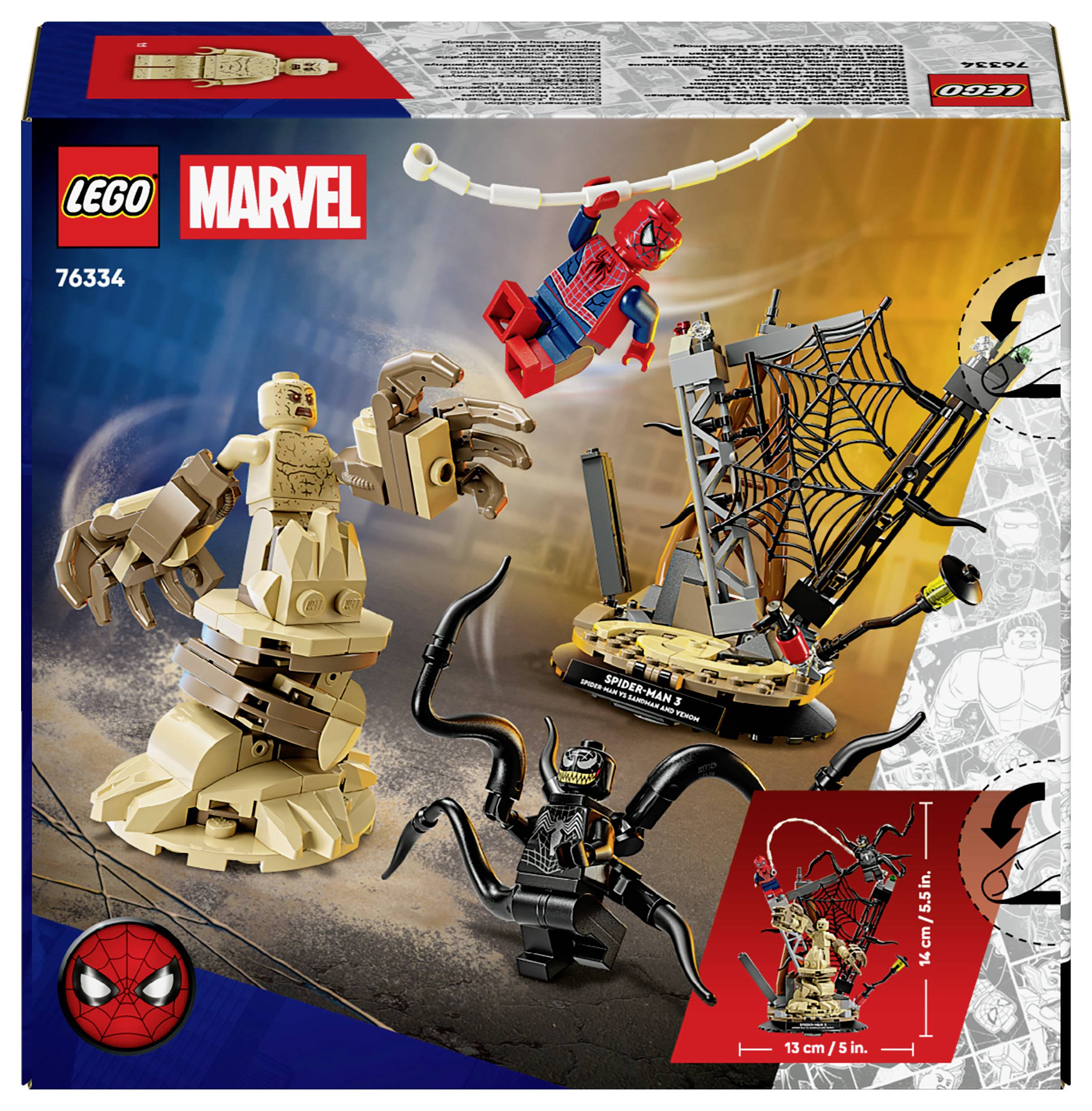 Lego Marvel súprava s postavami Spider-Mana, Sandmana a pavučinou pokrytou vežou, pričom výška figúrok je 13 cm alebo 5 palcov.