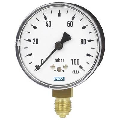 Guľatý mechanický tlakomer zobrazujúci merania od 0 do 100 mbar s ručičkou ukazujúcou 20 mbar.