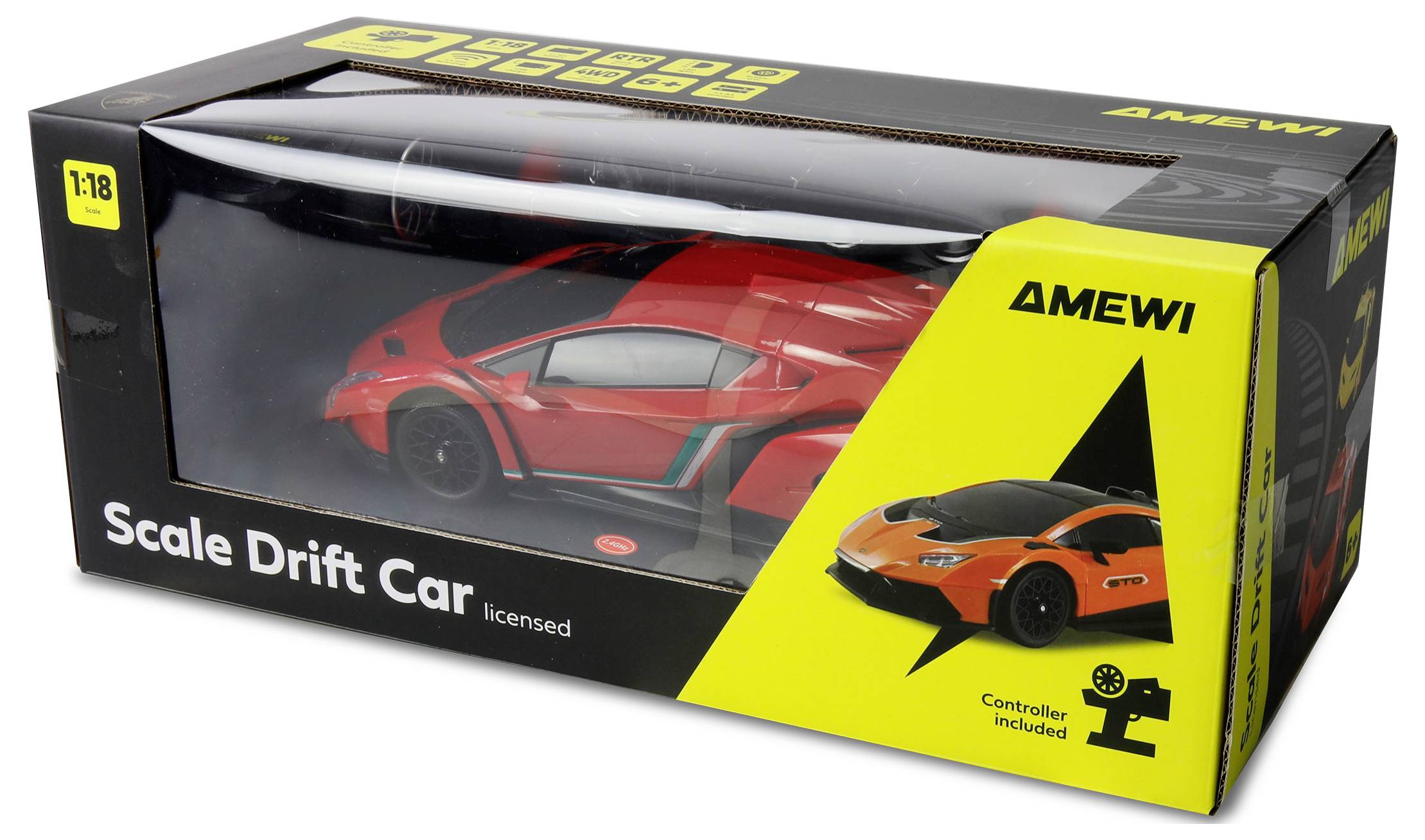 Červené hračkárske auto v priehľadnej krabičke s nápisom "Scale Drift Car" a žltou sekciou zobrazujúcou ovládač a značku.
