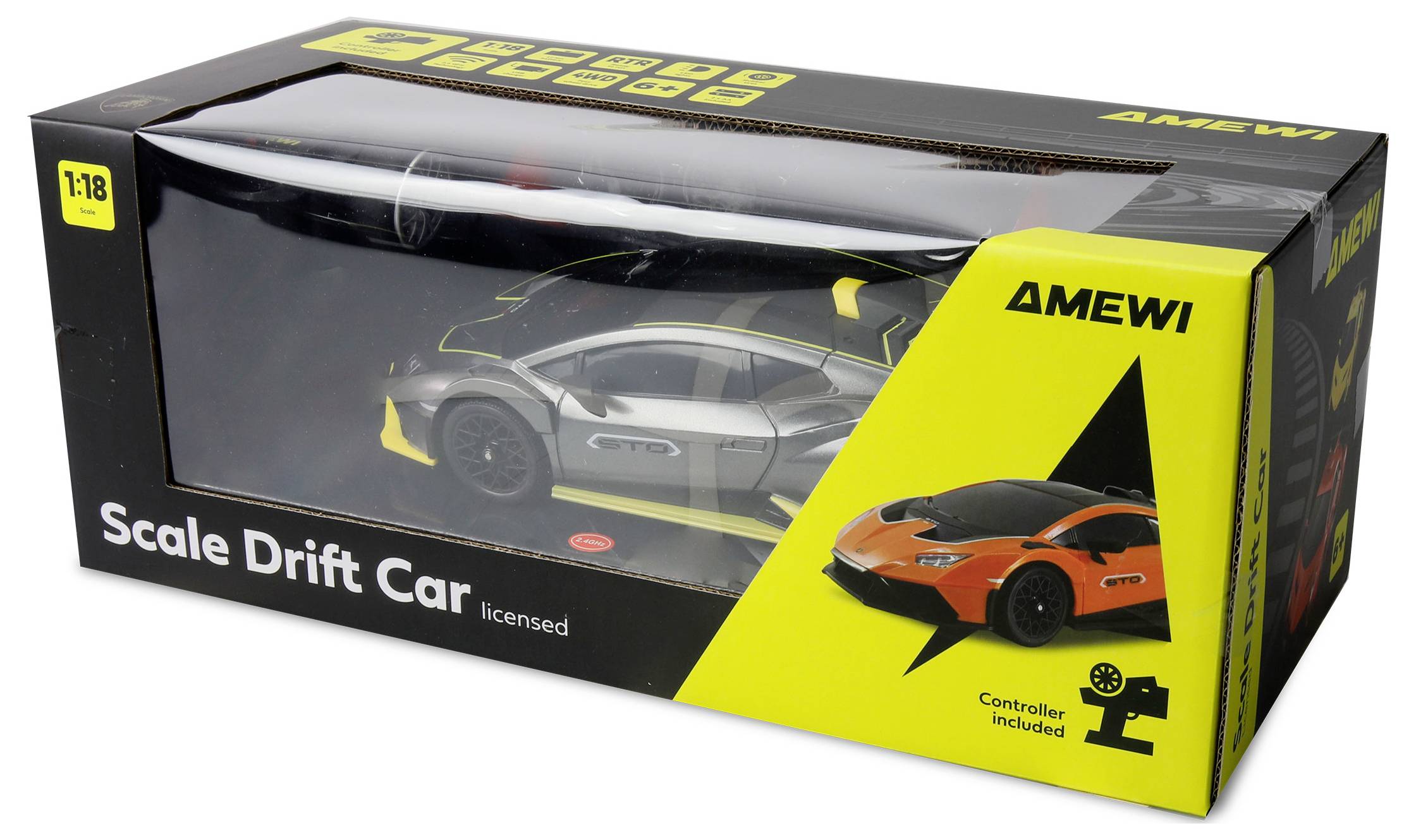 Škatuľa obsahujúca model pretekárskeho auta v mierke 1:18 pre drift, s textom "Ovládač súčasťou balenia". Auto je striebornej farby so žltými prvkami.