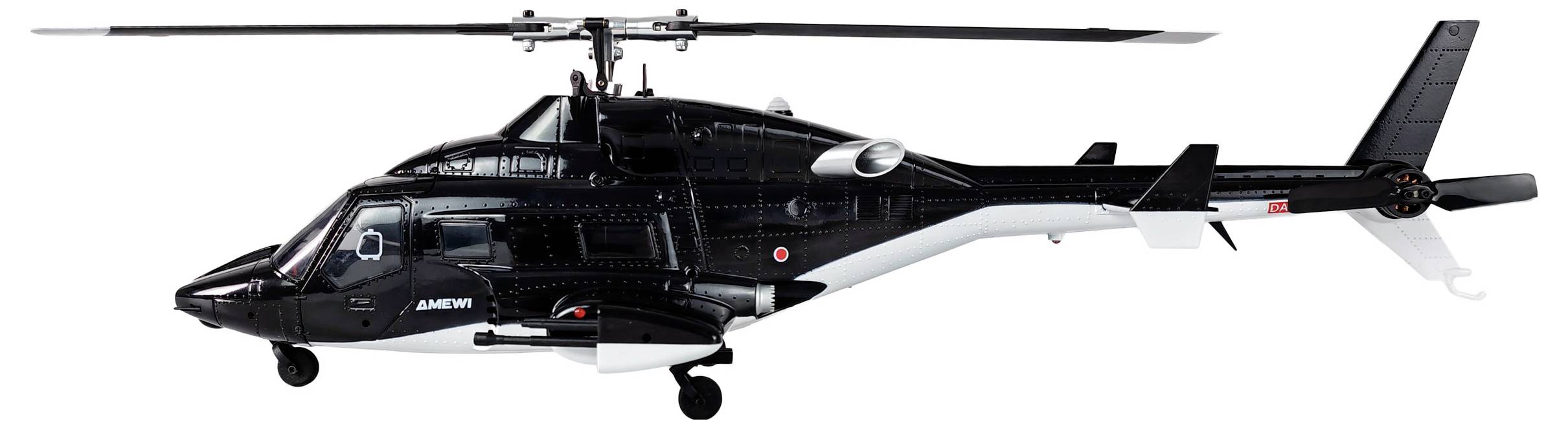 „Elegantná čiernobiela helikoptéra, pohľad z boku, ktorá ukazuje jej aerodynamický dizajn a moderné prvky."