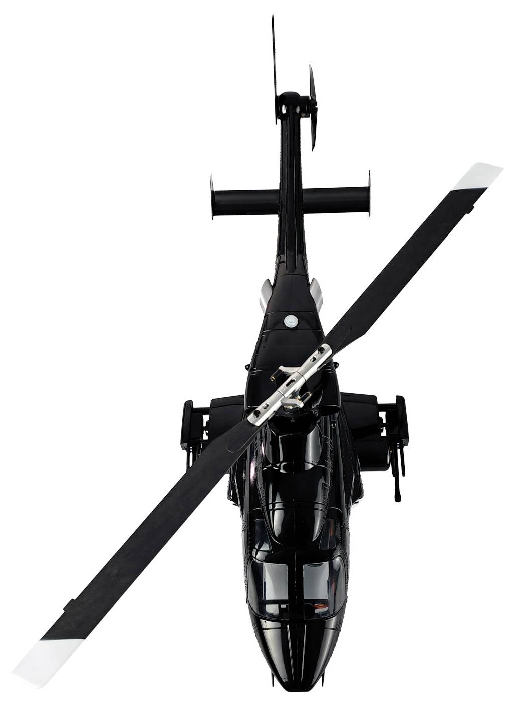 Čierny vrtuľník, pohľad zhora, s rotornými listami do tvaru X, s elegantnými, aerodynamickými líniami trupu a chvostovou vrtuľou.
