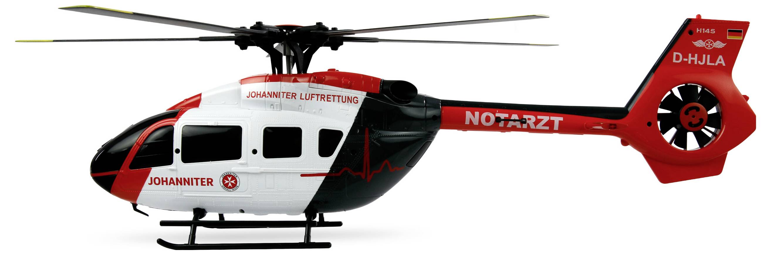 Červená a biela záchranná lekárska helikoptéra s textom 'NOTARZT' a 'JOHANNITER', zobrazujúca tému záchrannej operácie.