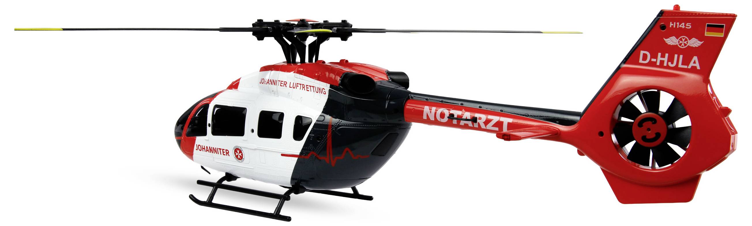 Červená a biela záchranná lekárska helikoptéra s textom "NOTARZT" na boku, čo naznačuje jej použitie pre záchranné služby.
