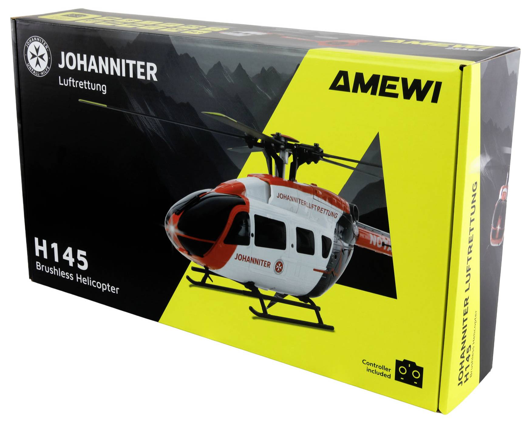 Vrtuľník AM EWI H145 Brushless, obal s vyobrazením vrtuľníka v červenej a bielej farbe, s označením "Johanniter Luftrettung"