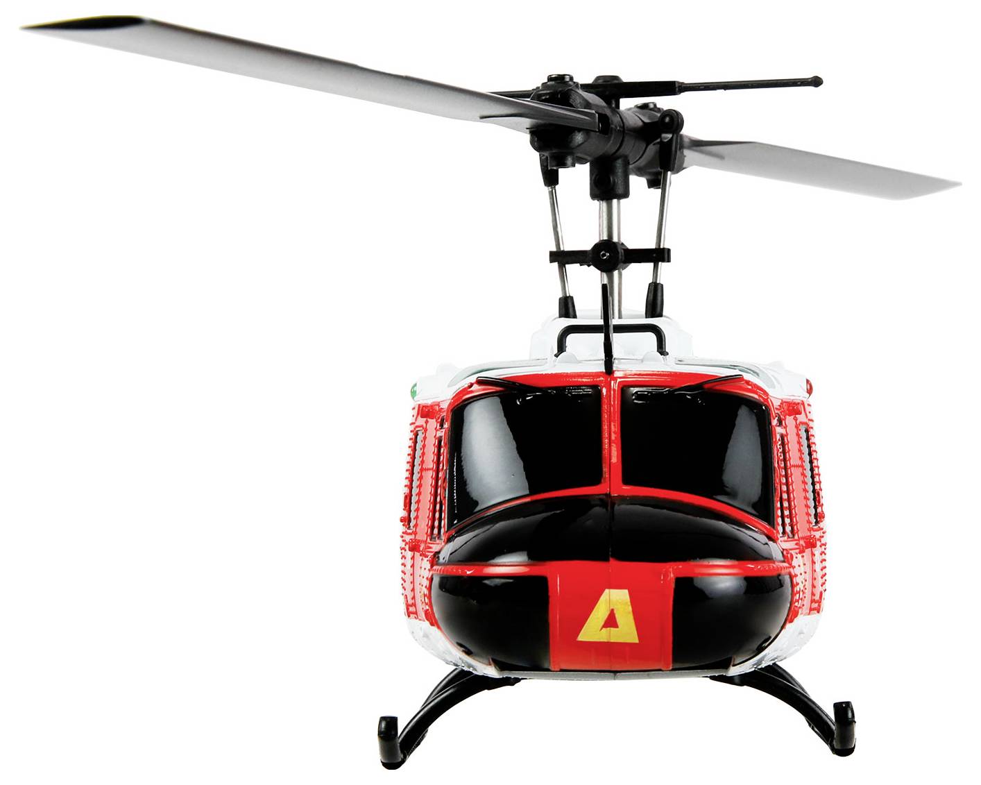Červená a čierna hračkárska helikoptéra s detailne spracovanými rotormi a pristávacími lyžinami je pohľadová spredu.