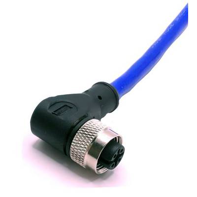 Modrý kábel s konektorom v pravom uhle v čierno-striebornej farbe, používaný pre elektronické alebo dátové prenosové pripojenia.