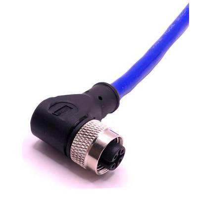 Modrý ethernetový kábel s konektorom v pravouhlom prevedení, čiernej a striebornej farby, bežne používaný na sieťové pripojenia.