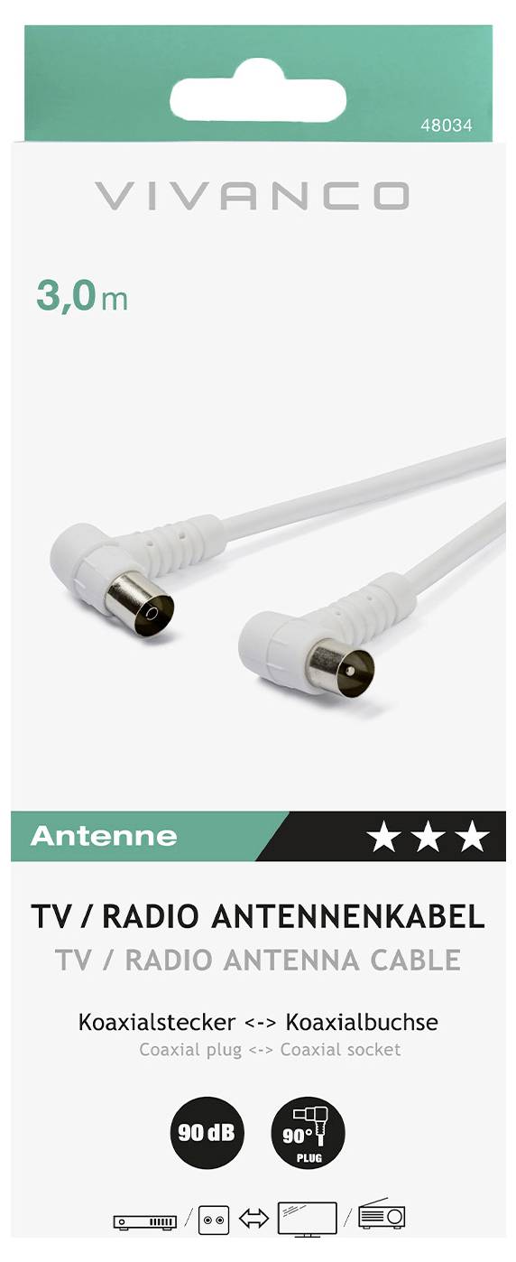 Kábel na TV/Rádio Anténu 3,0m od Vivanco, s koaxiálnymi zástrčkovými a zásuvkovými konektormi, 90dB, model 48034, zobrazený na balení.