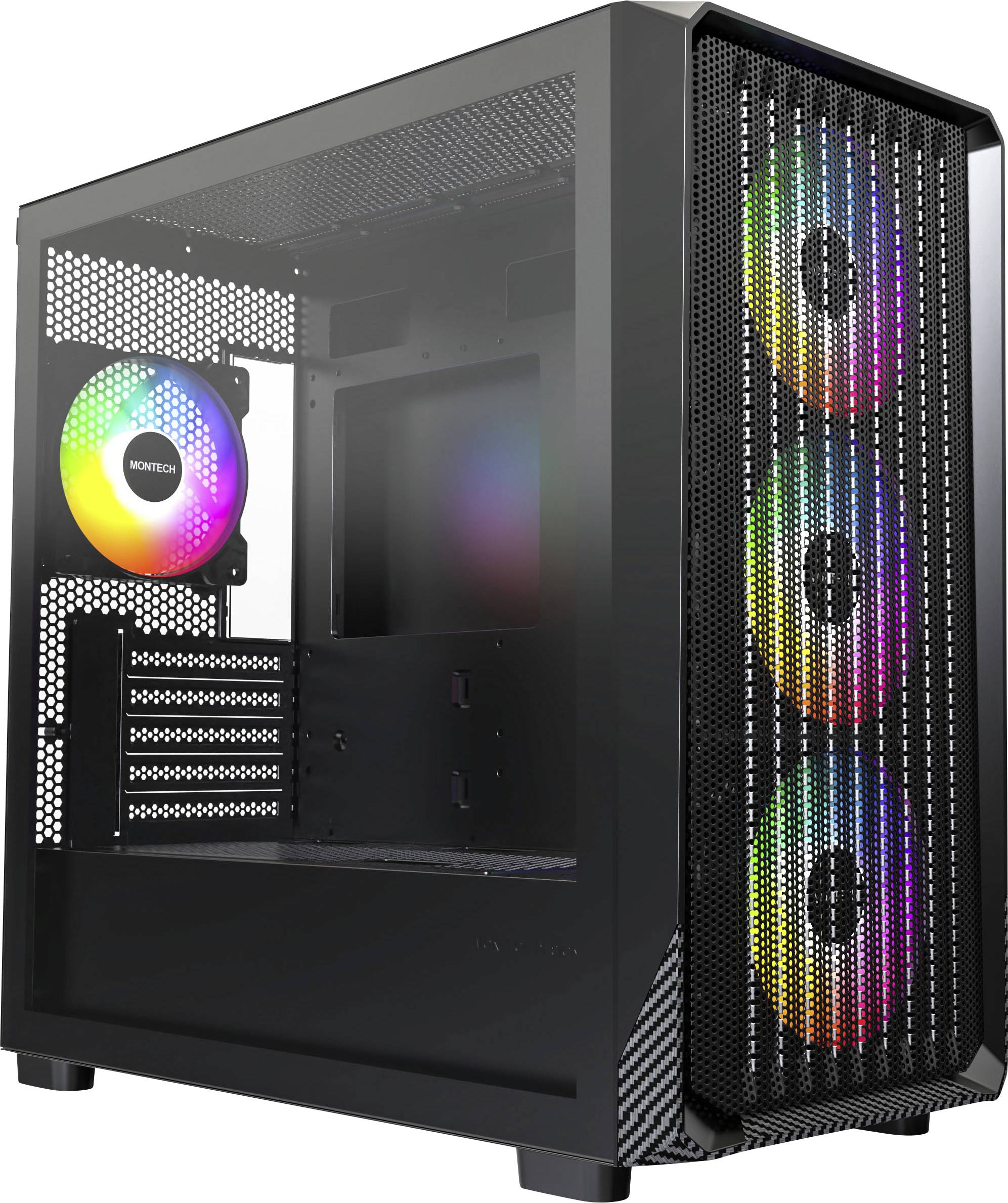 Čierny počítačový kryt s predným panelom s mriežkou, ktorý disponuje tromi vertikálne umiestnenými RGB ventilátormi a dodatočným RGB ventilátorom vzadu.