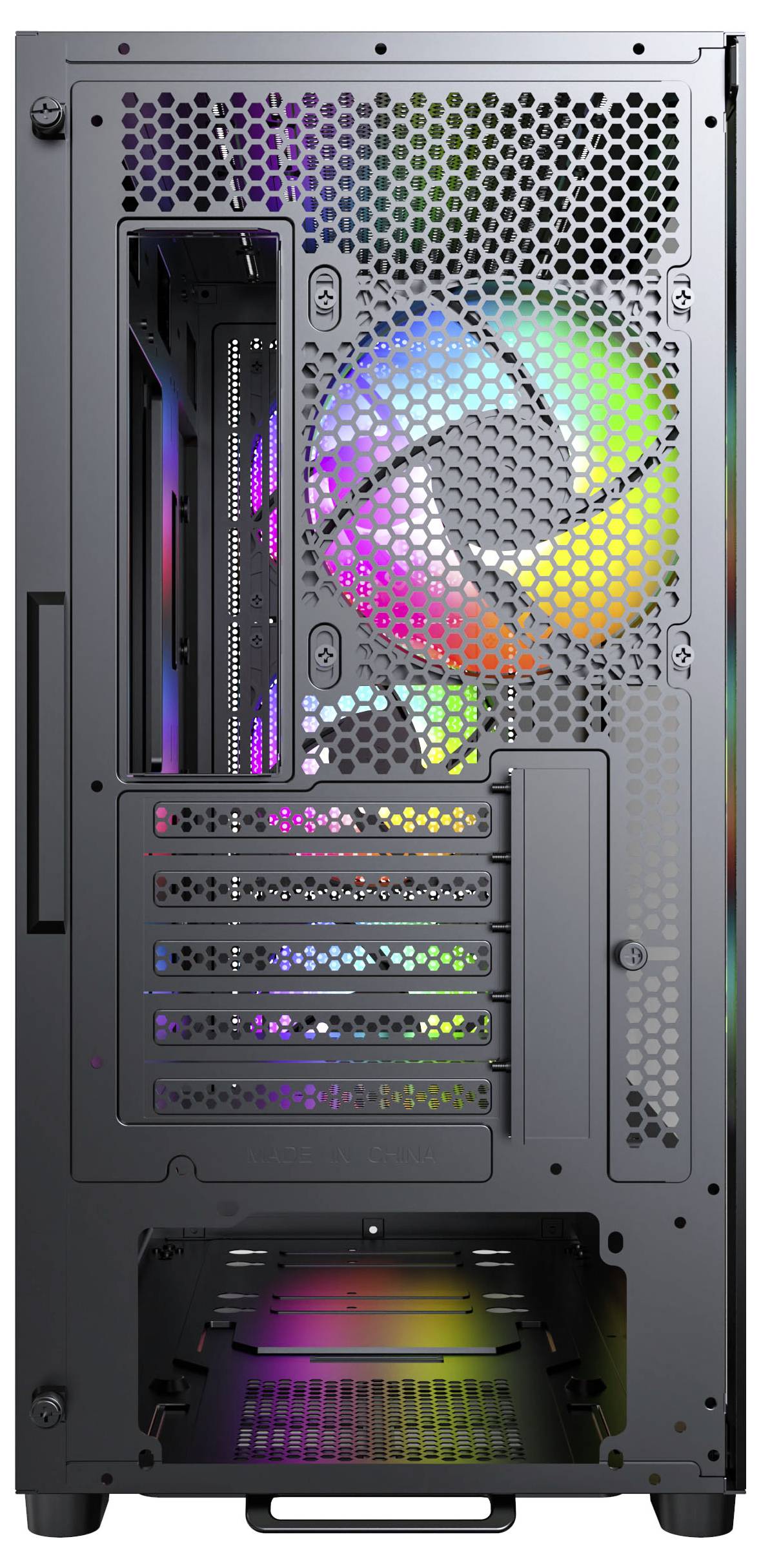 Pohľad zozadu na počítačovú vežu so živofarbnými RGB svetlami ventilátorov, viacerými slotmi pre komponenty a vetraným kovovým krytom.